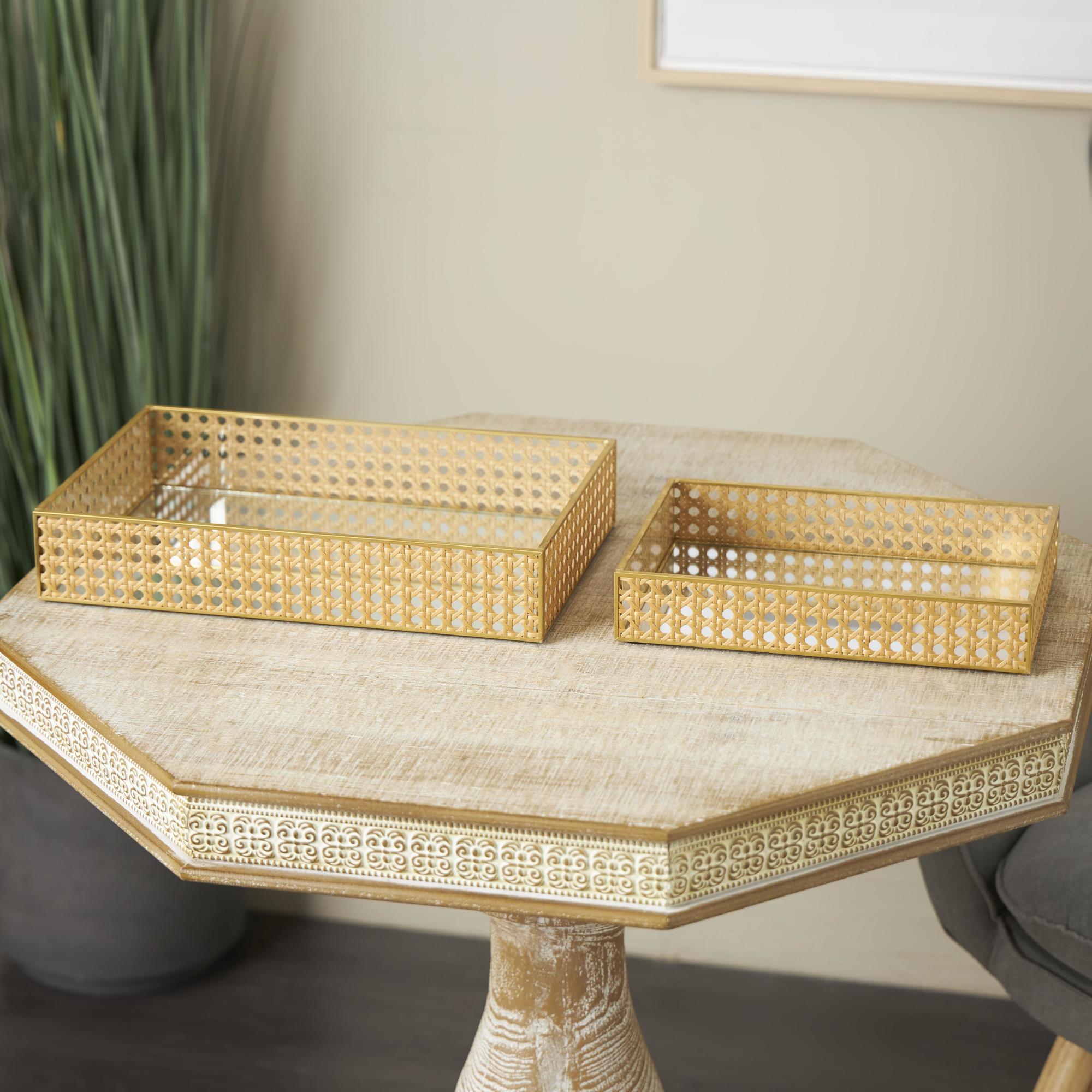 Set of 2 Brown Rattan Woven Living Room Decor Tray with Mirrored Glass Interior