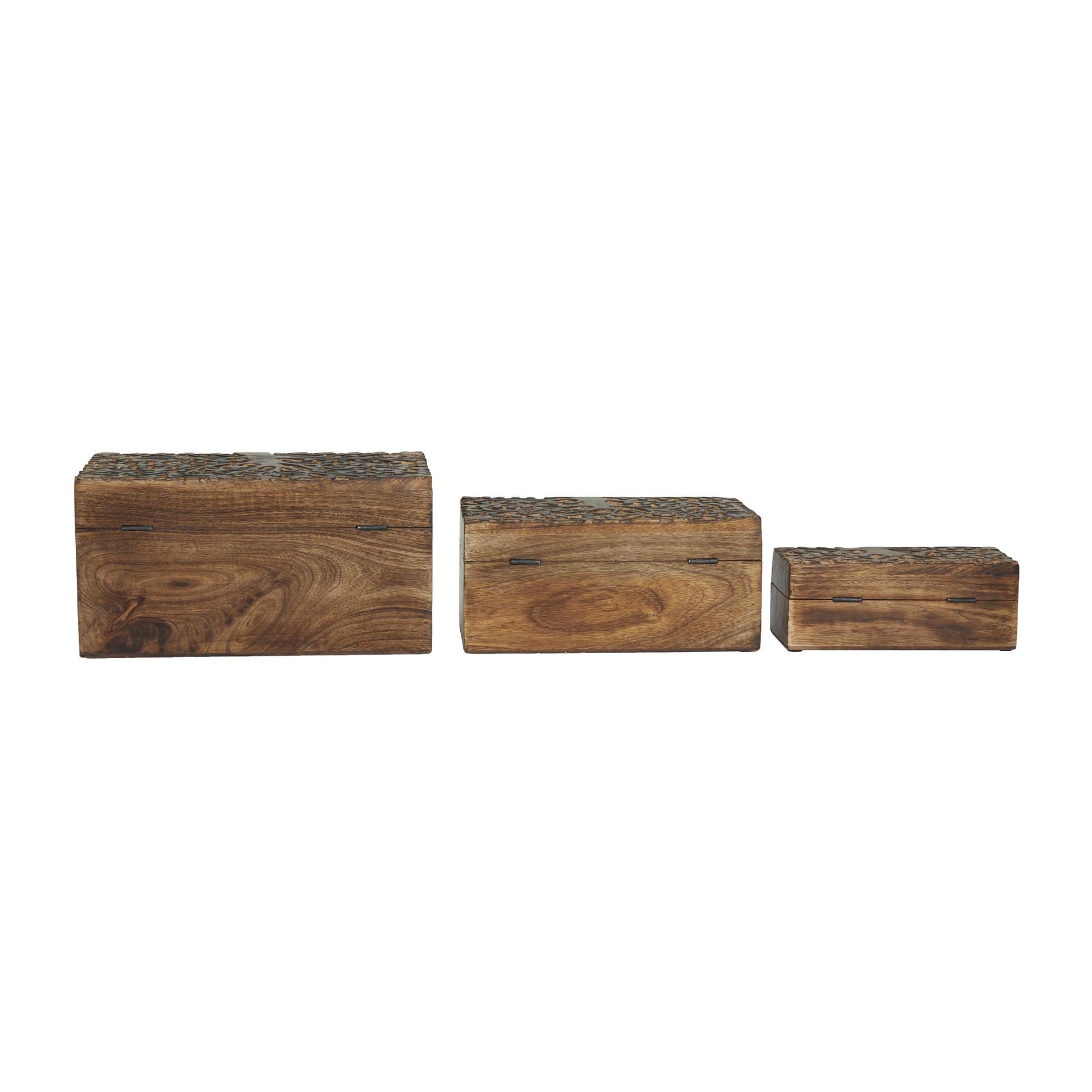 Set of 3 Floral Brown Mango Wood Handmade Decorative Box with Hinged Lid
