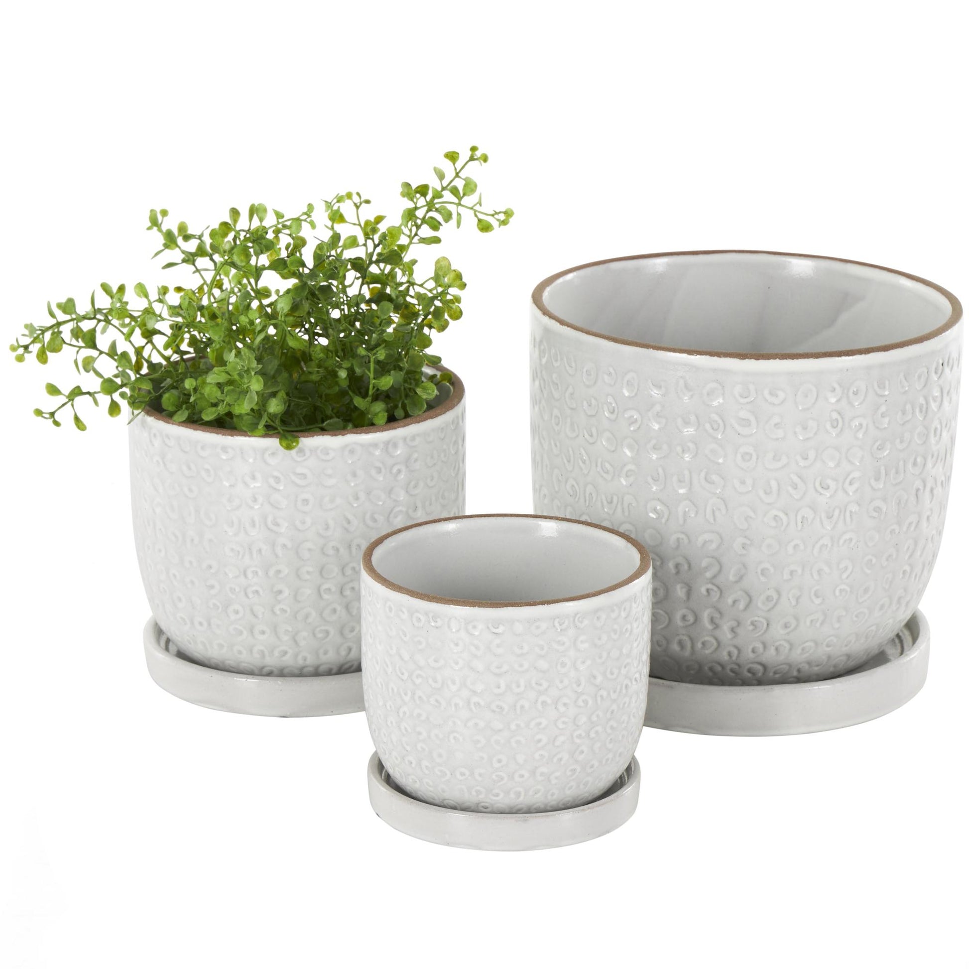 Set of 3 White Ceramic Abstract Circle Patterned Indoor Outdoor Planter with Brown Accents and Base Tray