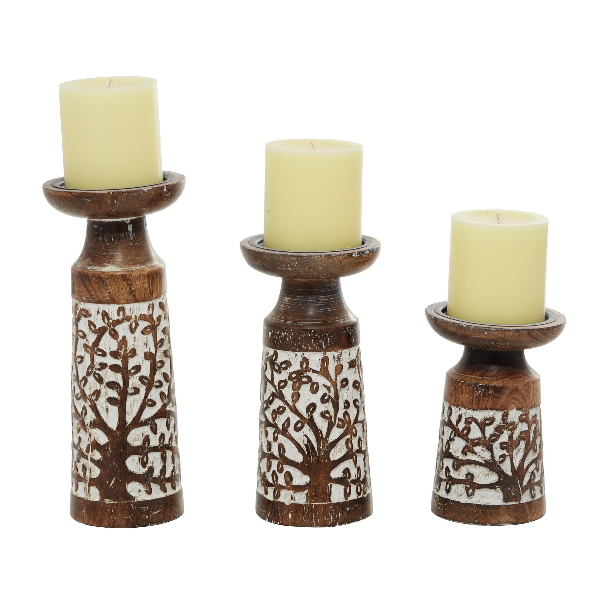 Set of 3 Floral Mango Wood Handmade Carved Pillar Decorative Candle Holder with Whitewashed Cream Backing Set of 3 10", 8", 6"H