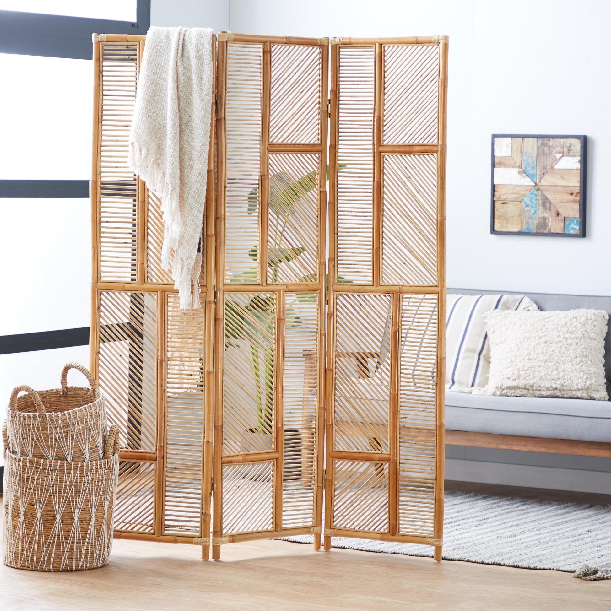 Geometric Brown Wood Hinged Foldable Partition 3 Panel Partition Room Divider Screen