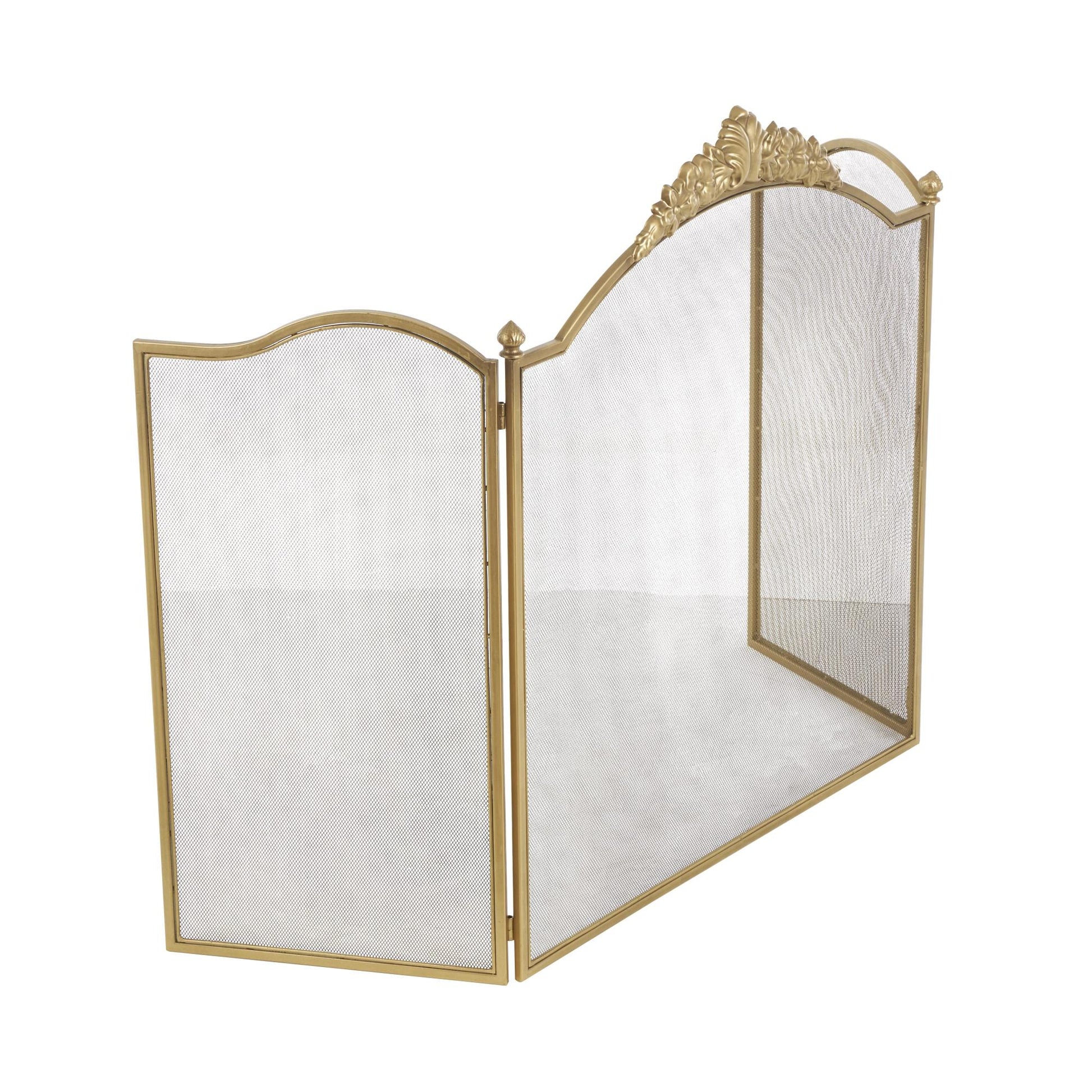 Floral Gold Metal Ornate Antique Arched 3 Panel Living Room Fireplace Screen with Finial Accents
