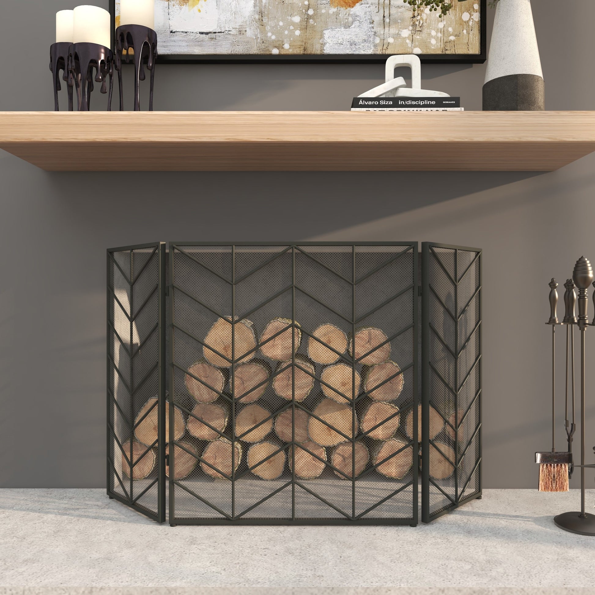 Geometric Metal Foldable Mesh Netting 3 Panel Living Room Fireplace Screen with Chevron Pattern