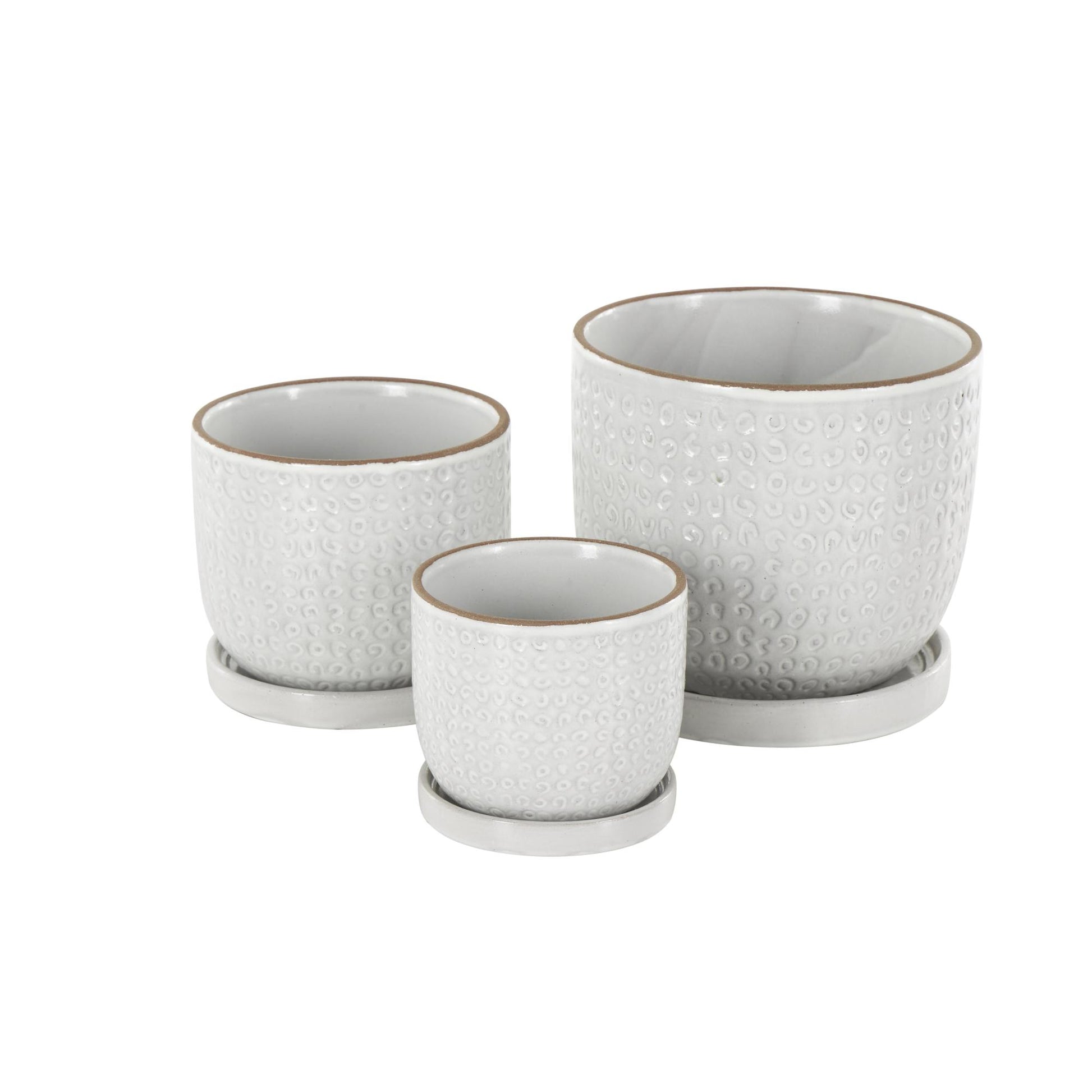 Set of 3 White Ceramic Abstract Circle Patterned Indoor Outdoor Planter with Brown Accents and Base Tray