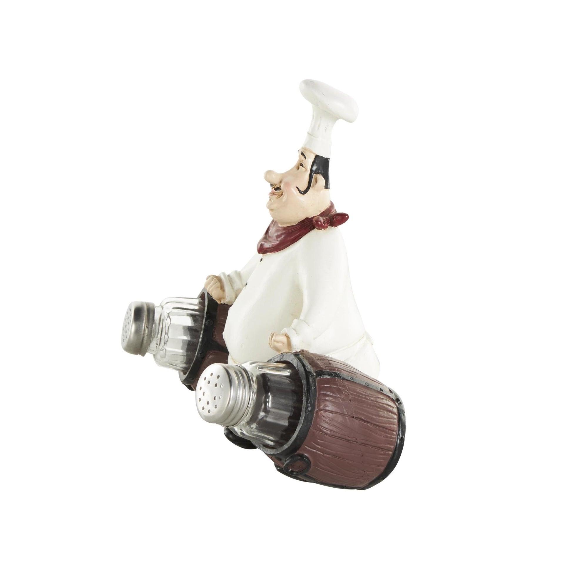 Chef White Polystone Figurine Decorative Salt and Pepper Shaker Holder with Wood Barrel Accents
