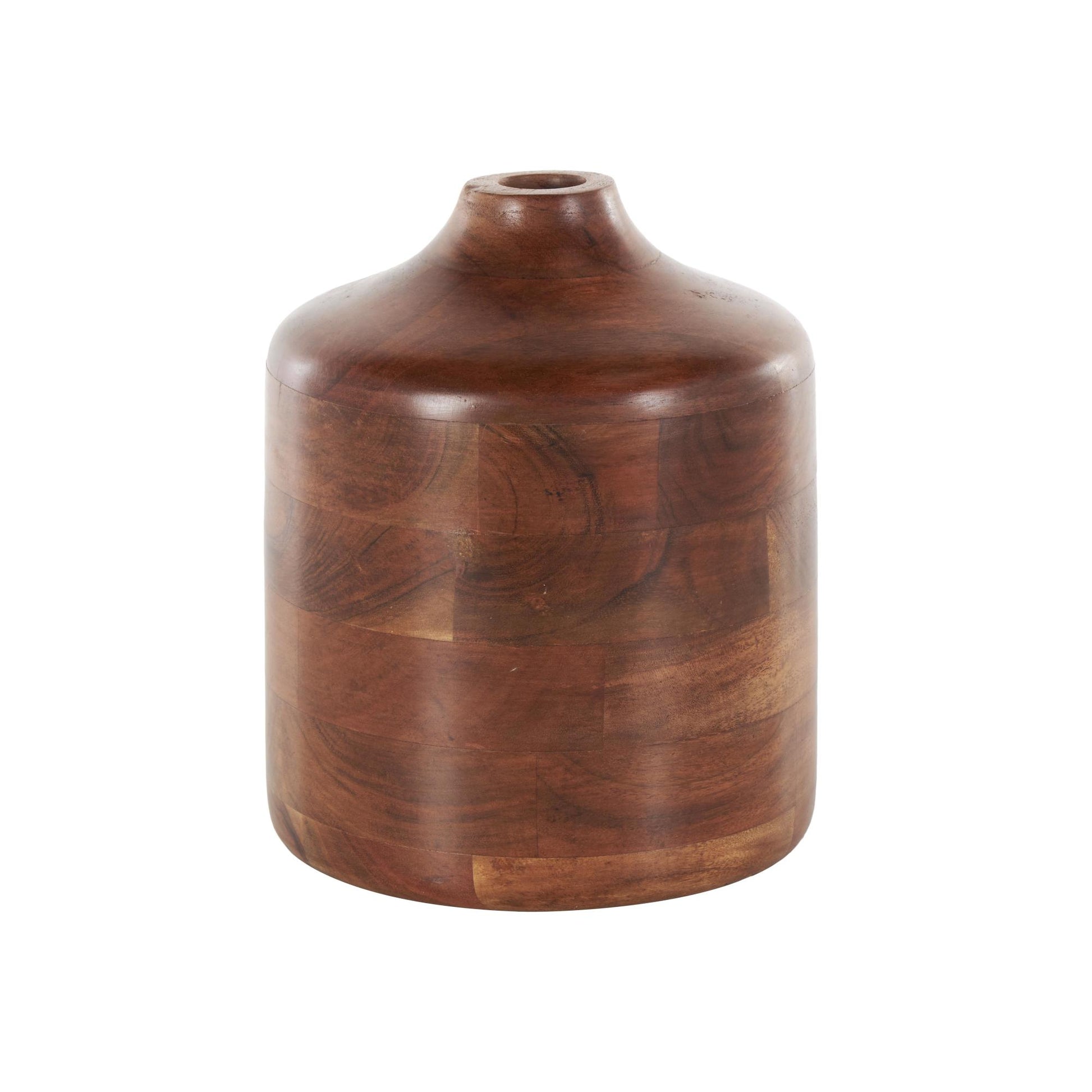Brown Wood Decorative Vase with Mosaic Strips and Natural Wood Grains