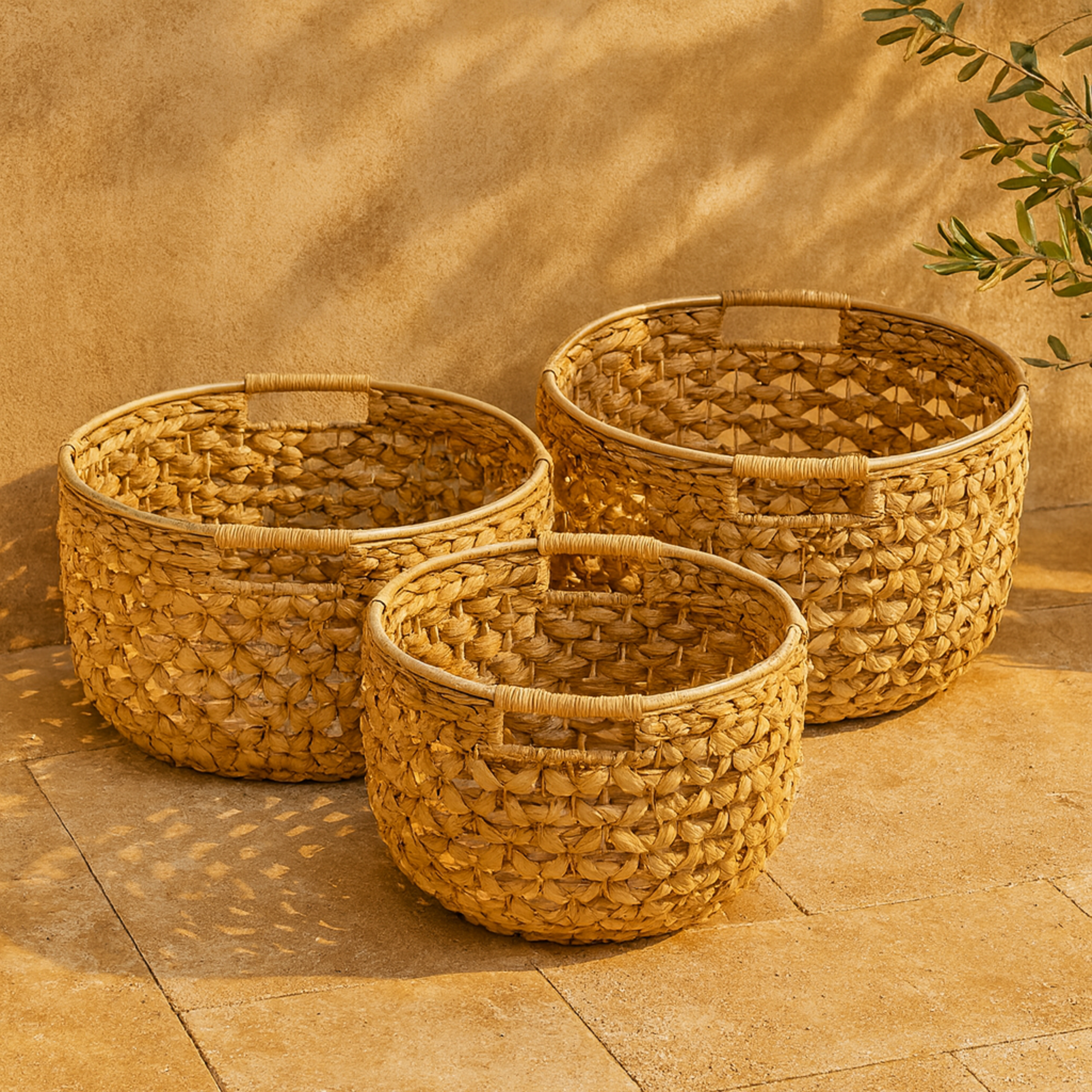 Set of 3 Light Brown Seagrass Handmade Decorative and Functional Storage Basket with Metal Handles