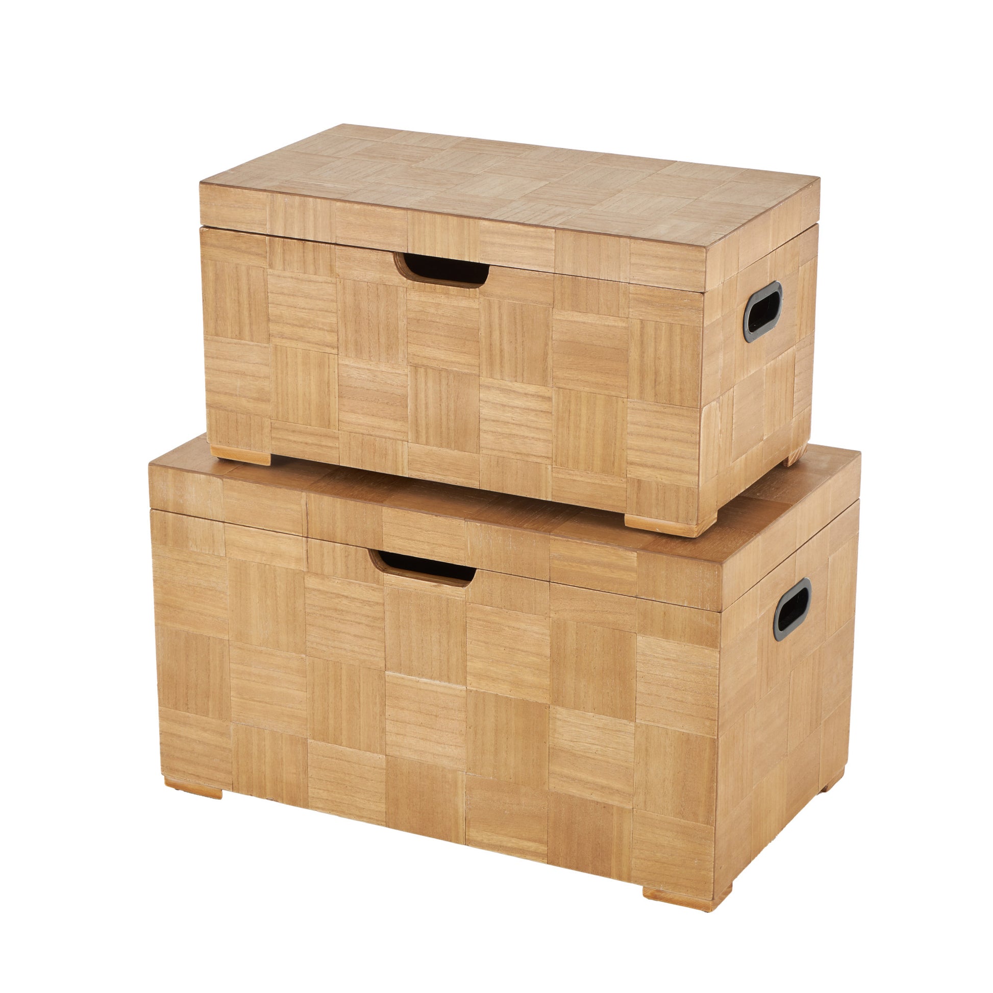 Set of 2 Brown Wood Handmade Decorative Trunk with Black Metal Accents and Square Patterns