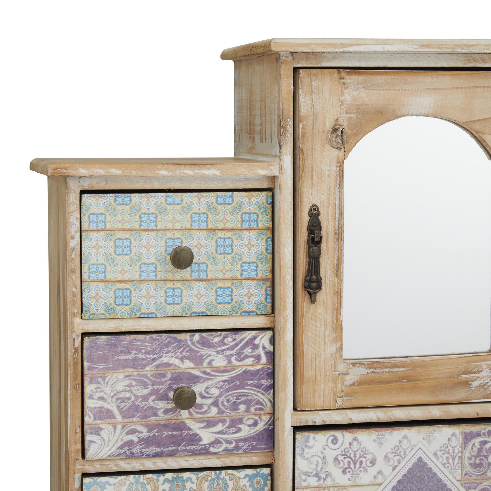 Scroll Light Brown Wooden 7 Drawers Decorative Jewelry Box with Patchwork Patterns