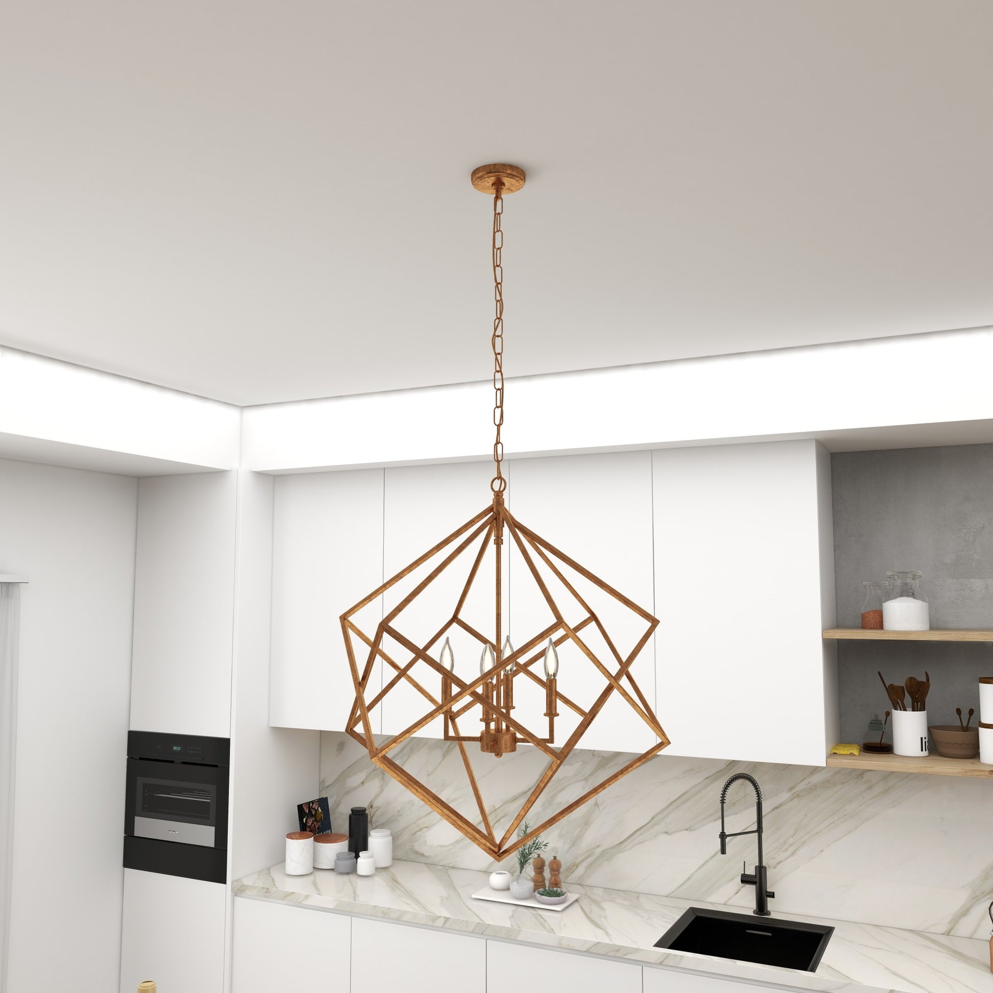 Geometric Gold Metal Caged 4 Light Room Chandelier with Link Style Chain