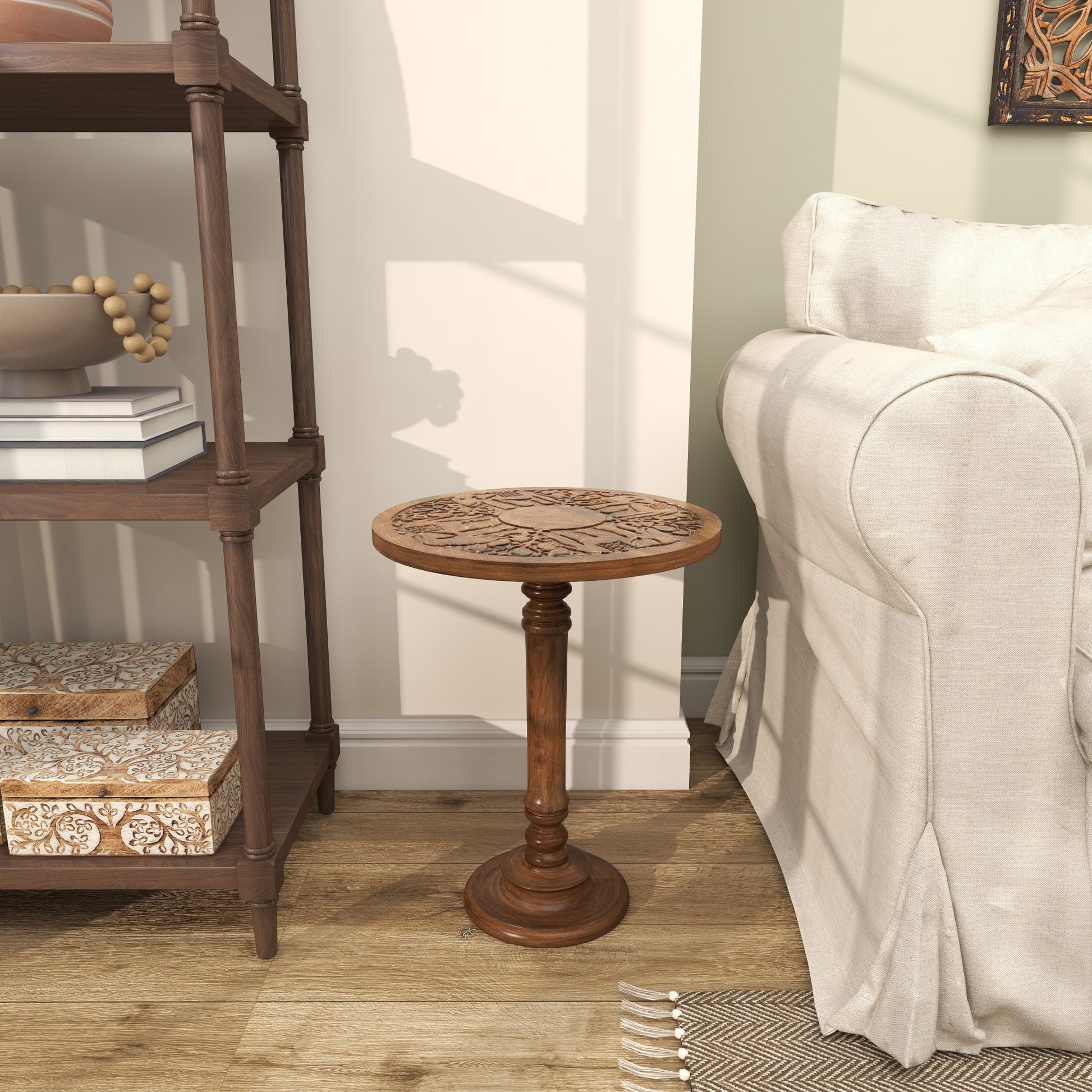 Floral Mango Wood Handmade Intricately Carved Side End Accent Table with Turned Base 17" x 17" x 21"