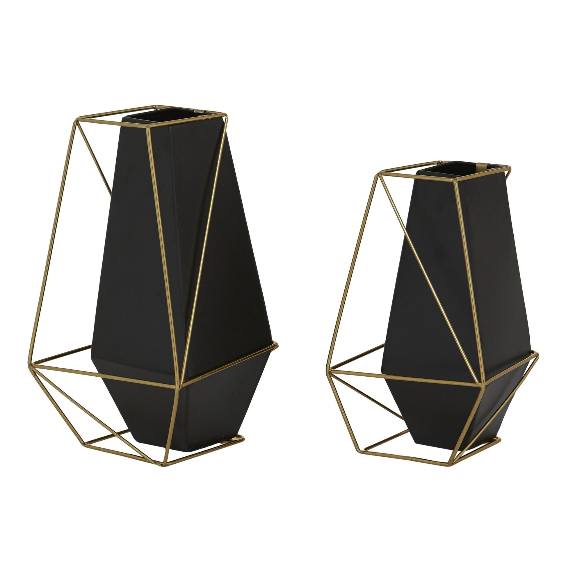 Set of 2 Geometric Black Metal Decorative Vase with Gold Wire Accents
