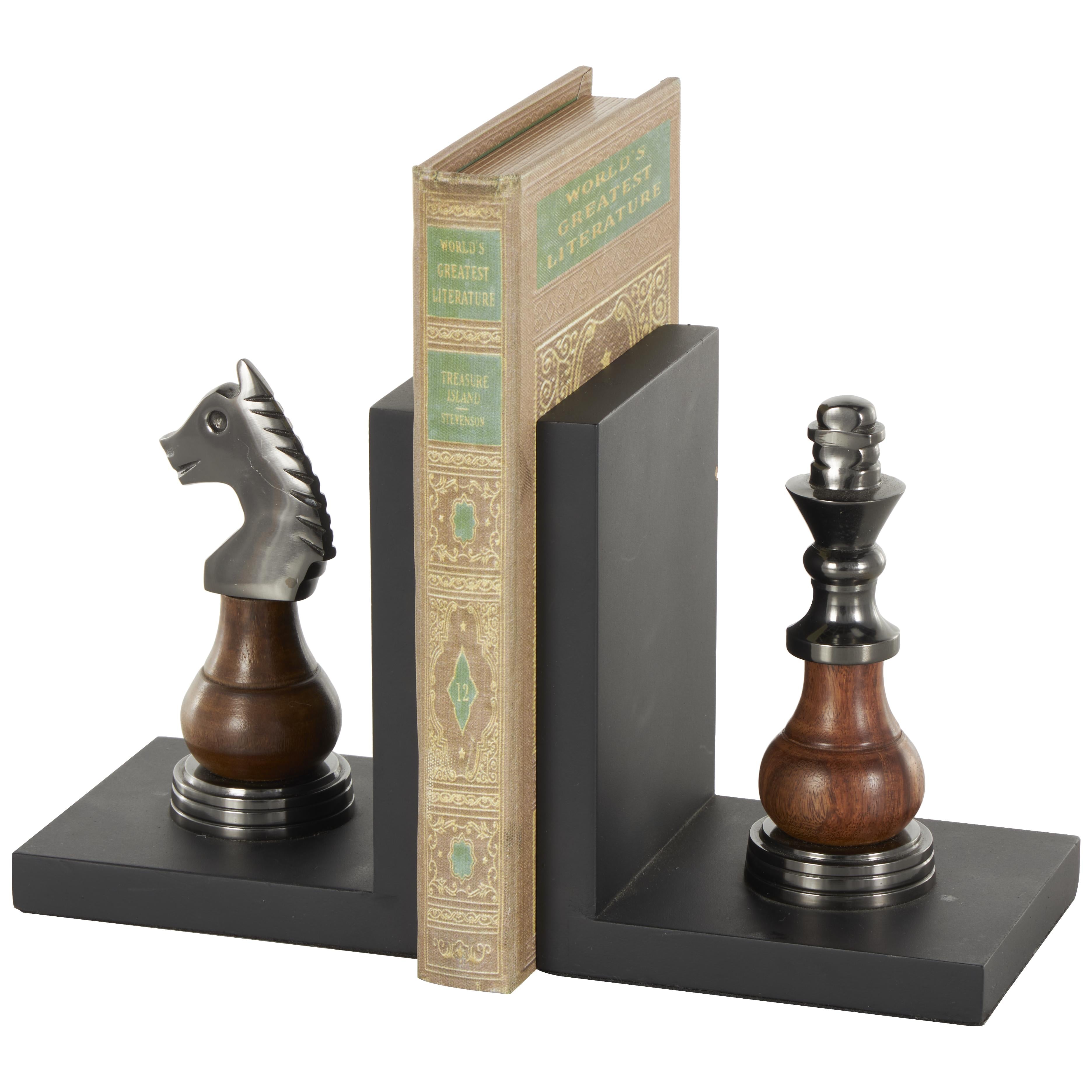 Set of 2 Chess Aluminum Metal Decorative Bookends with Aluminum Accents Set of 2 4"W, 7"H