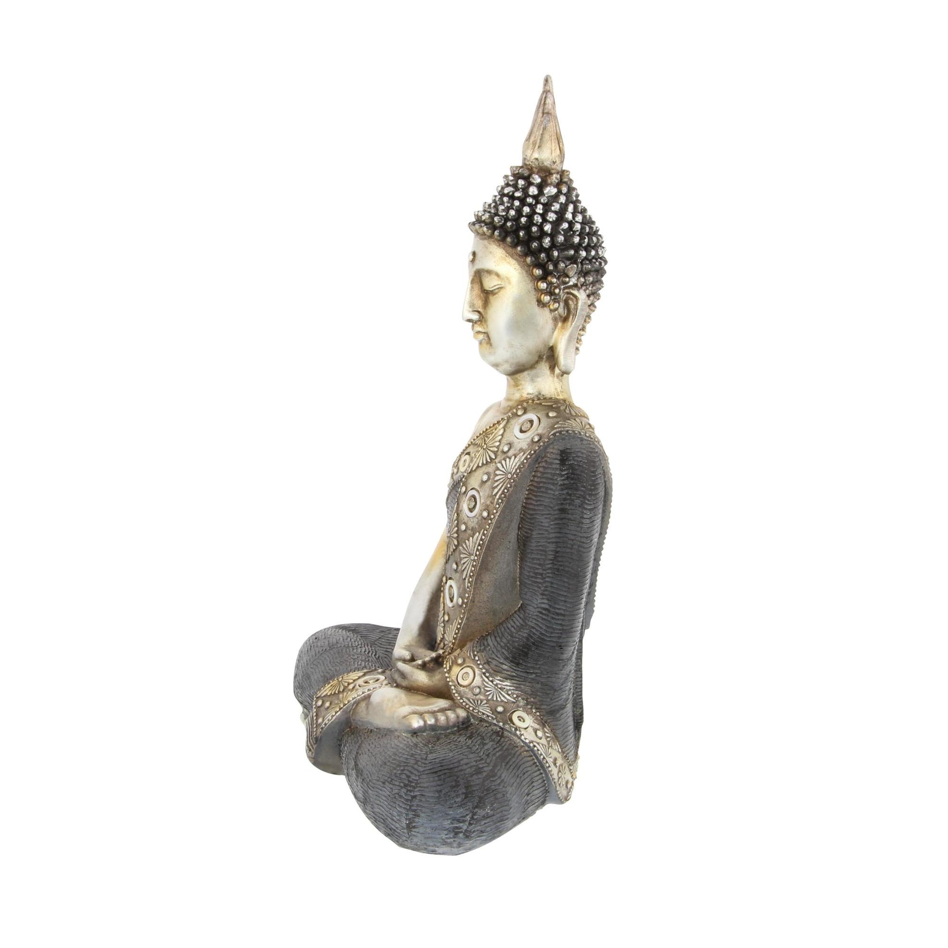 Buddha Brass Polystone Meditating Decorative Sculpture with Engraved Carvings and Relief Detailing
