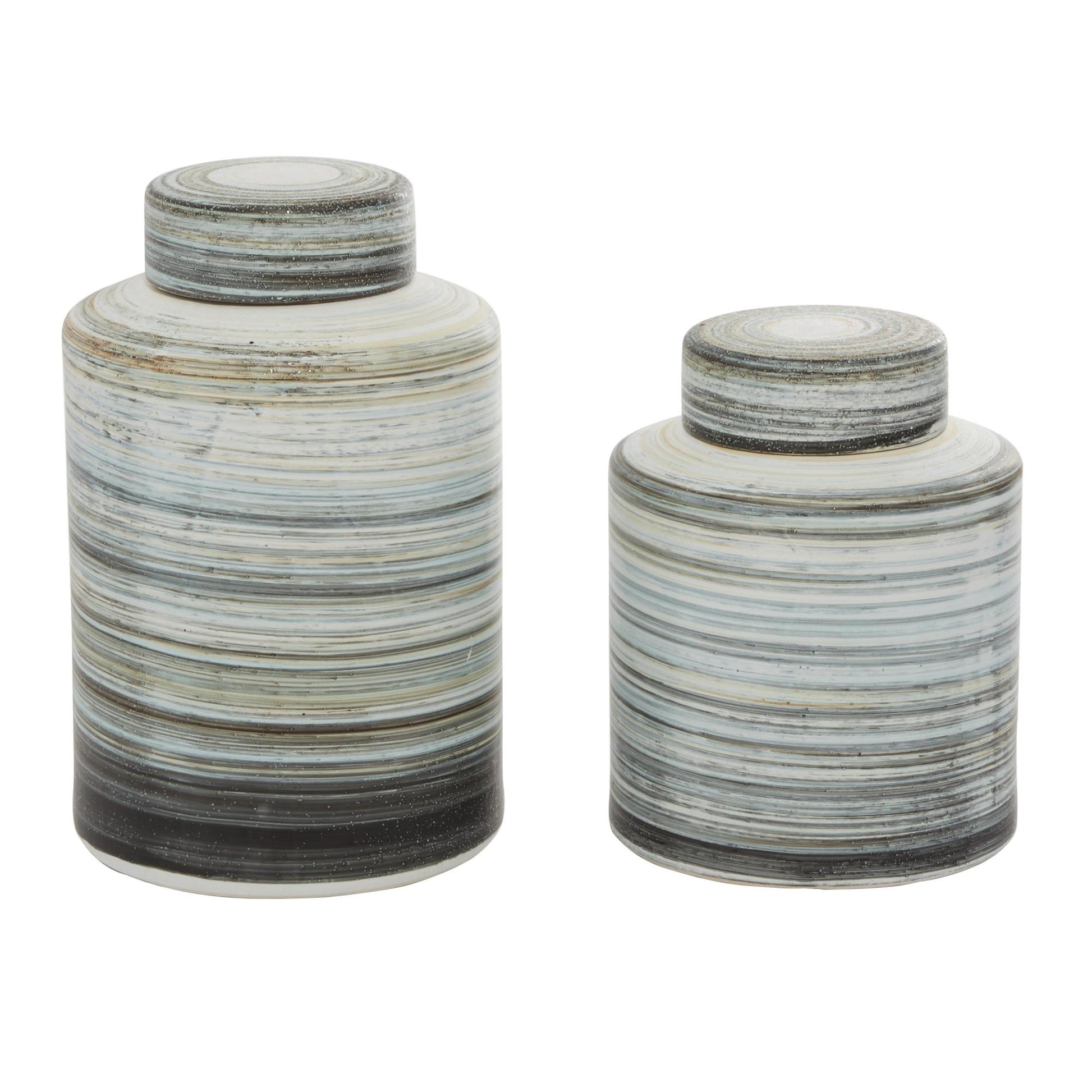 Set of 2 Gray Ceramic Striped Living Room Decorative Jars