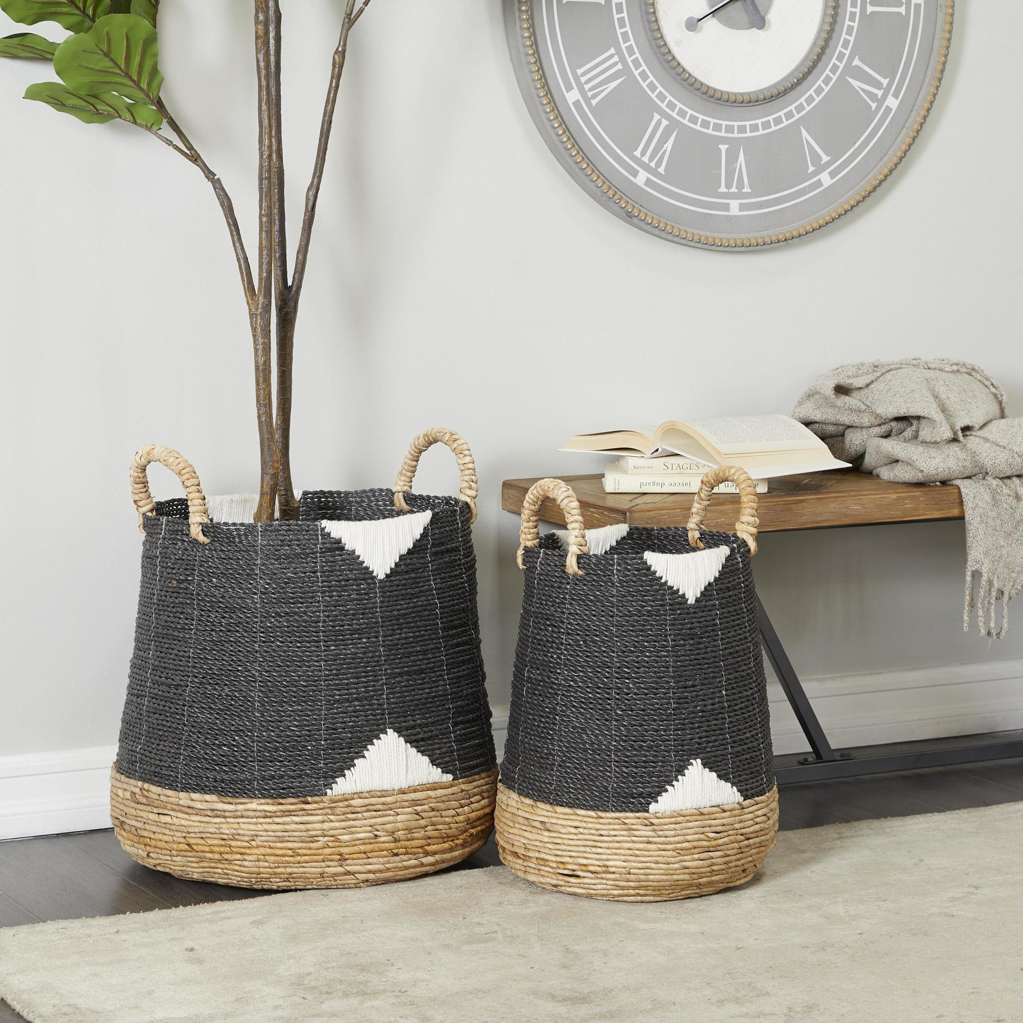 CosmoLiving by Cosmopolitan Set of 2 Banana Leaf Handmade Triangle Details Decorative and Functional Storage Basket with Handles