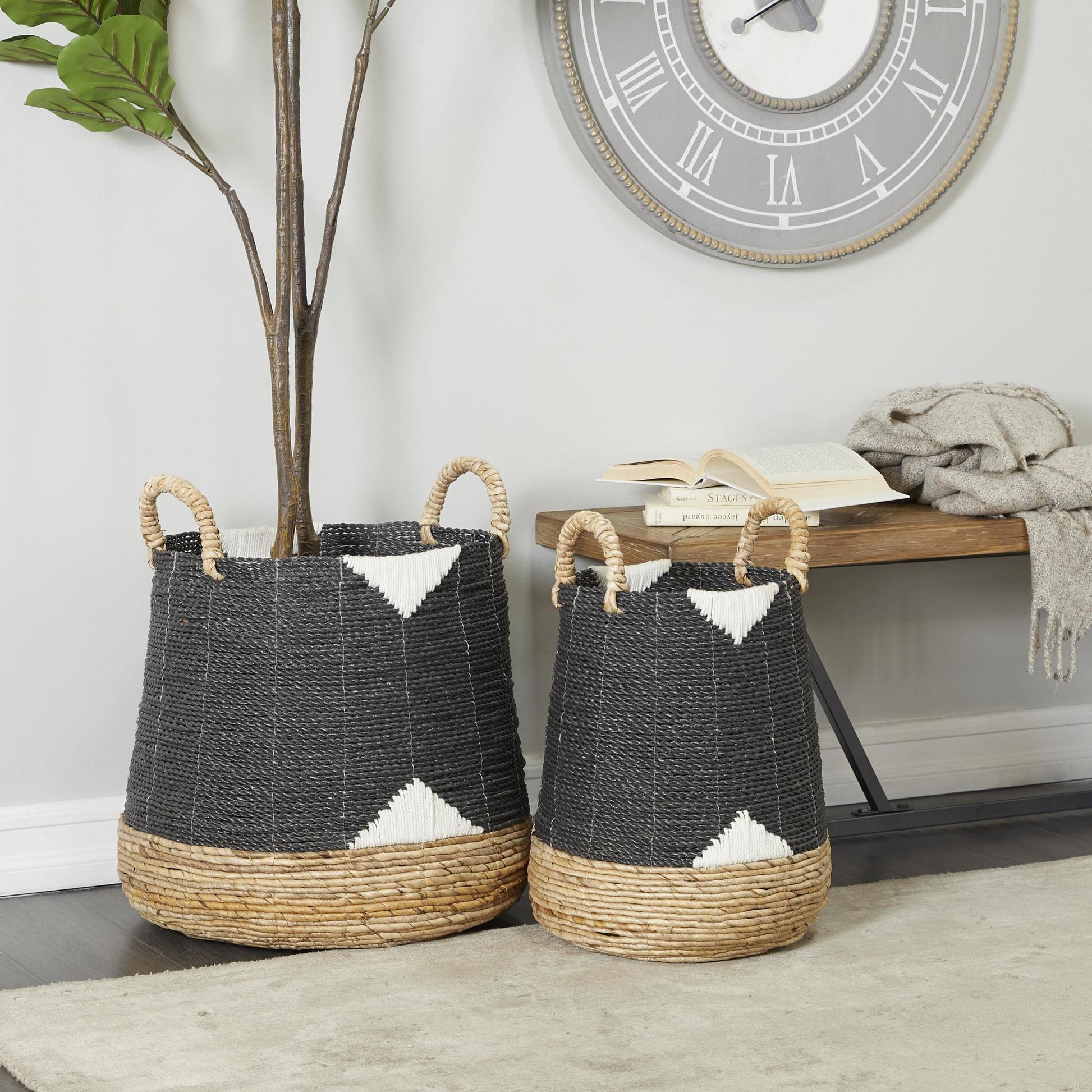 CosmoLiving by Cosmopolitan Set of 2 Banana Leaf Handmade Triangle Details Decorative and Functional Storage Basket with Handles