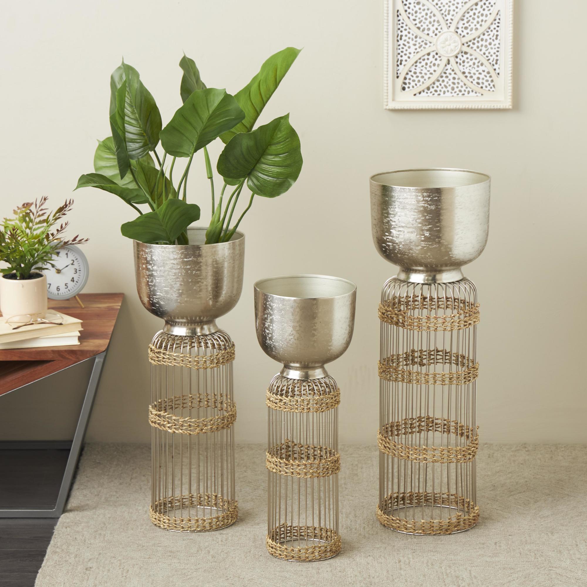 Set of 3 Metal Textured Dome Indoor Planter with Woven Seagrass and Caged Rod Pedestal Base Set of 3 32", 27", 24"H