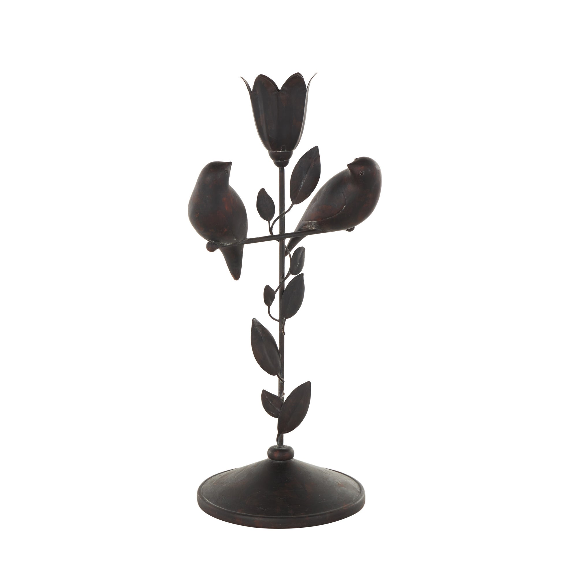 Bird Black Polystone Perching Decorative Sculpture with Leaf Vine and Copper Shading