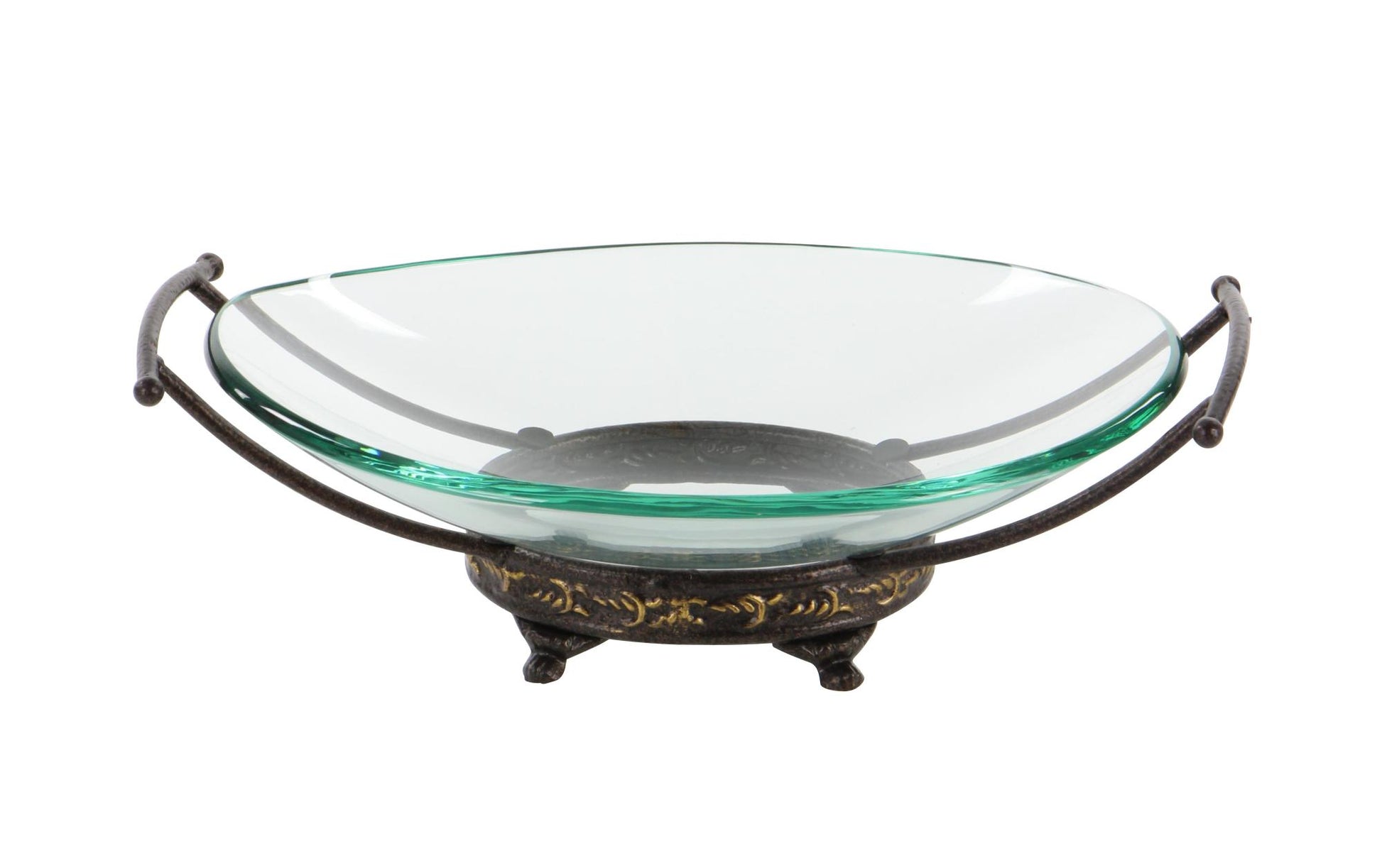 Kitchen Clear Tempered Glass Decorative Serving Bowl with Brown Metal Base