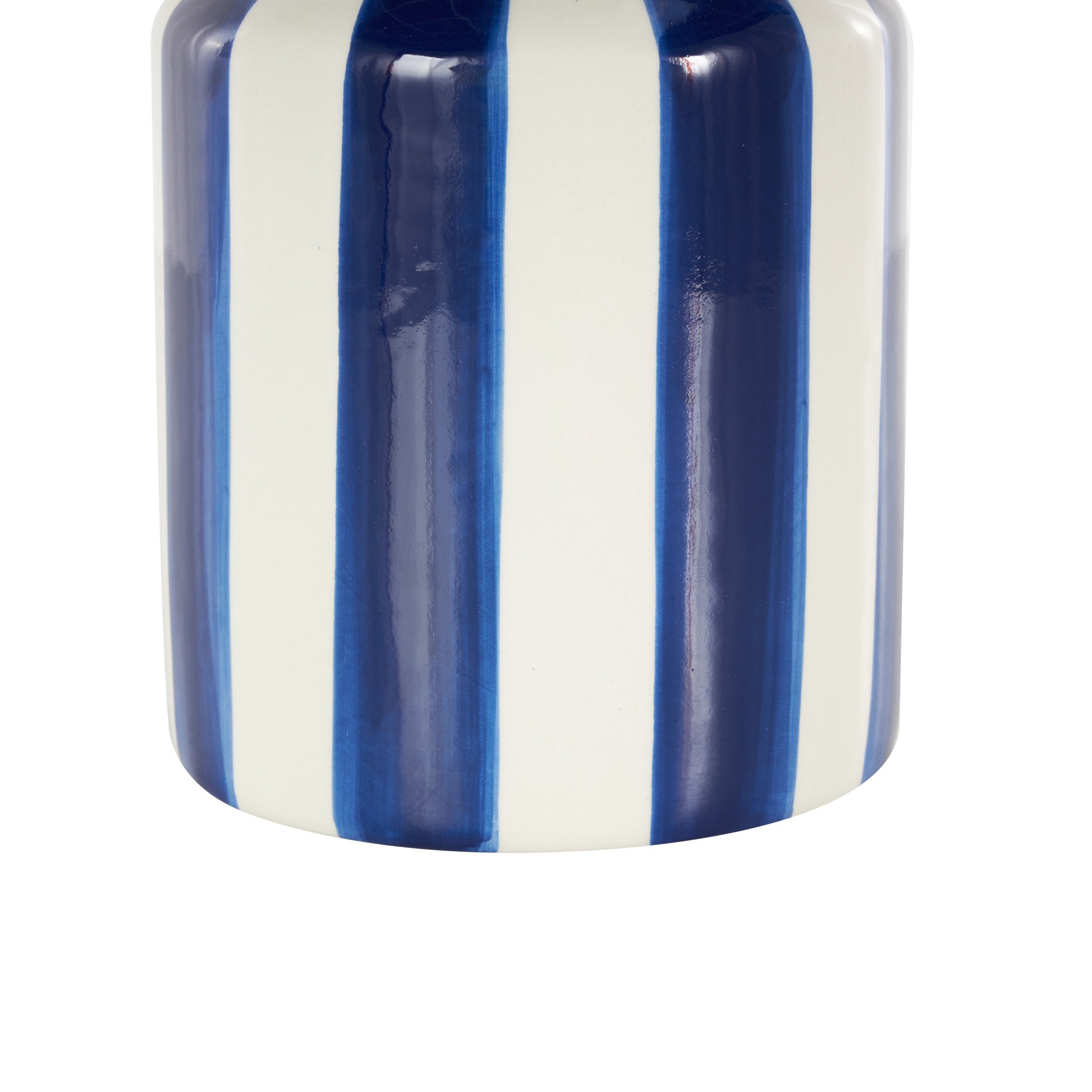 Ceramic Round Decorative Vase with Blue Vertical Stripes 5" x 5" x 11"