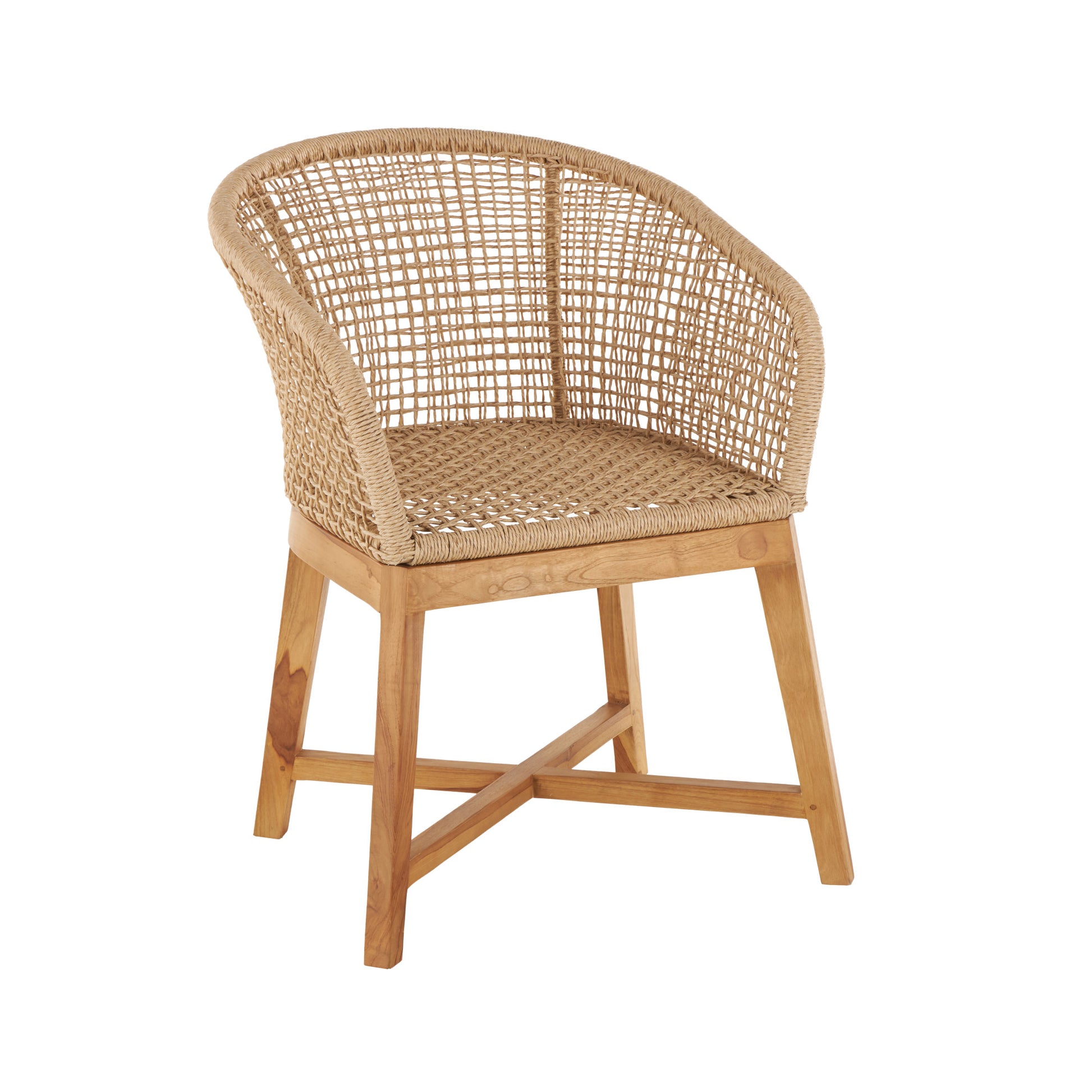 Light Brown Plastic Rattan Handmade Woven Rounded Living Room Accent Chair with Teak Frame