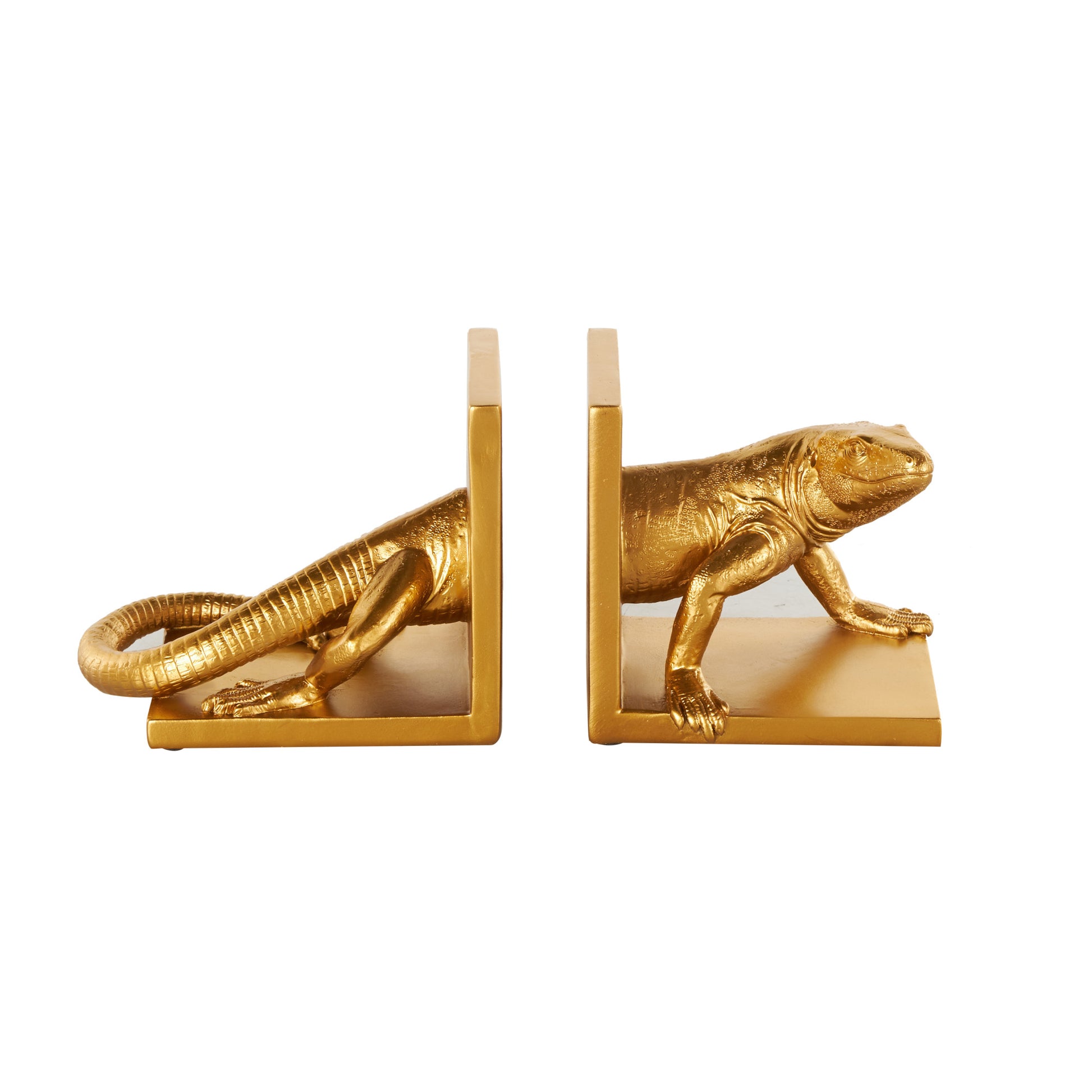 Set of 2 Lizard Gold Resin Crawling Decorative Bookends