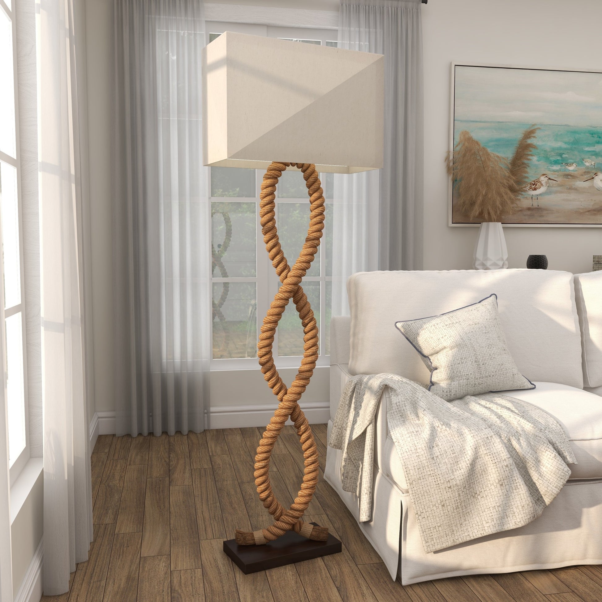Brown Jute Rope Rope Room Floor Lamp with Linen Shade