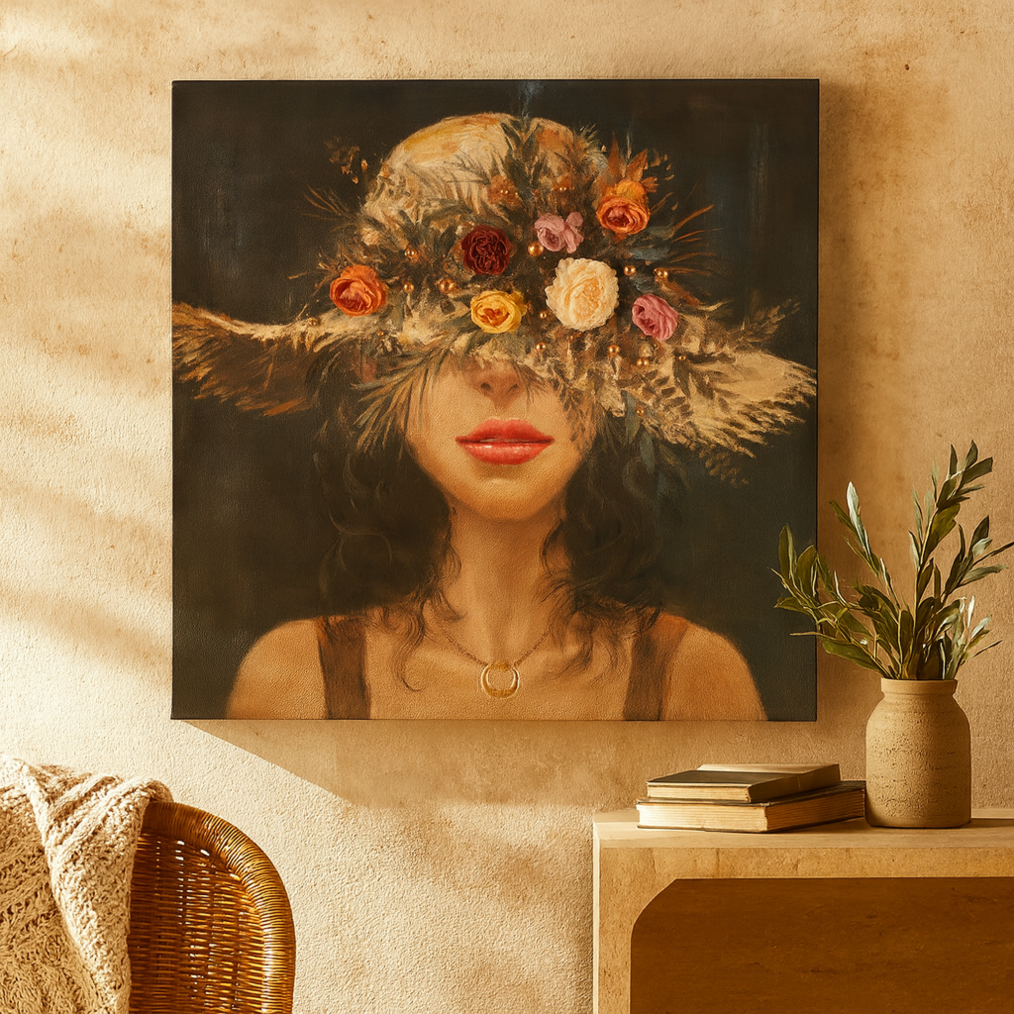 Woman Multi Colored Canvas Decorative Wall Art with 3D Multicolor Flowers and Gold Jewels