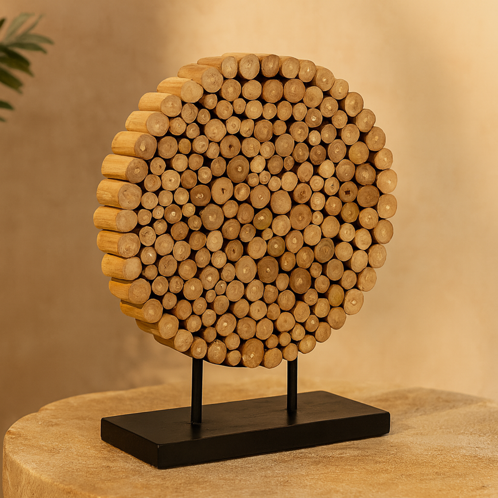 Abstract Brown Teak Wood Handmade Decorative Sculpture with Black Stand