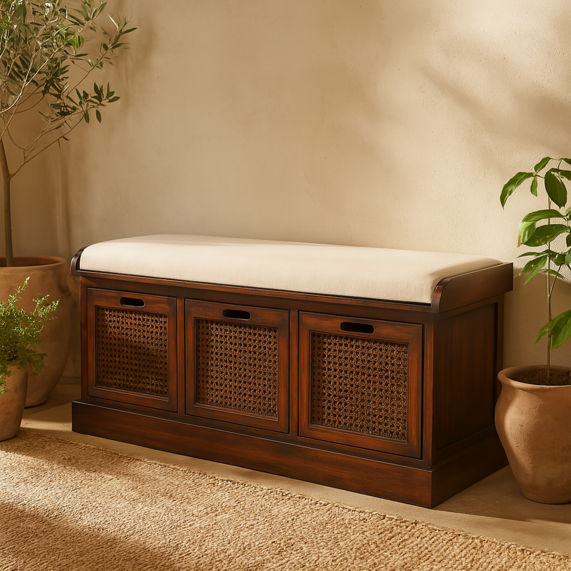 Brown Wood Cane 3 Drawer Room Storage Bench with White Upholstered Seat