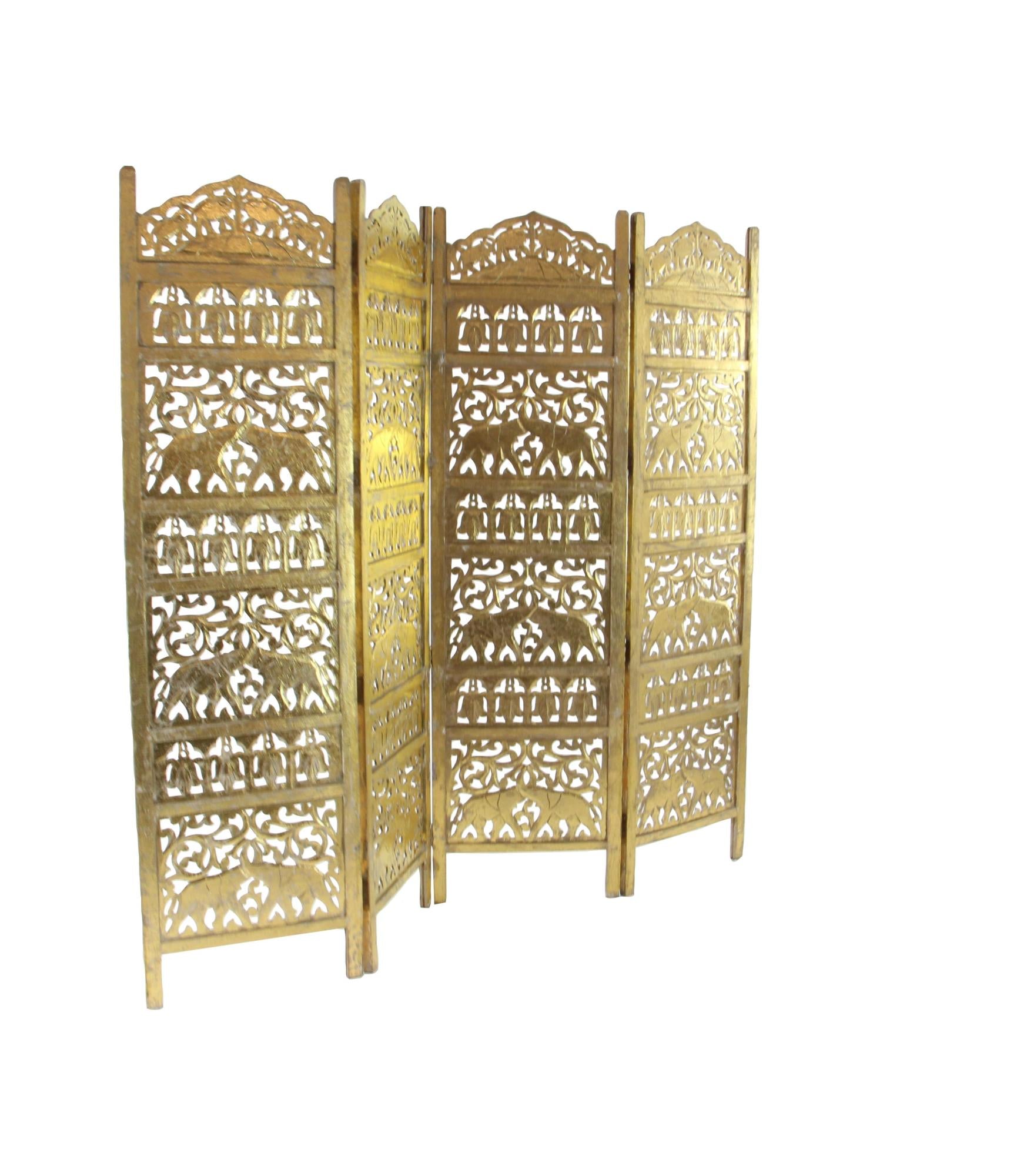 Scroll Gold Wooden Handmade Foldable Partition 4 Panel Partition Room Divider Screen with Carved Elephant Accents