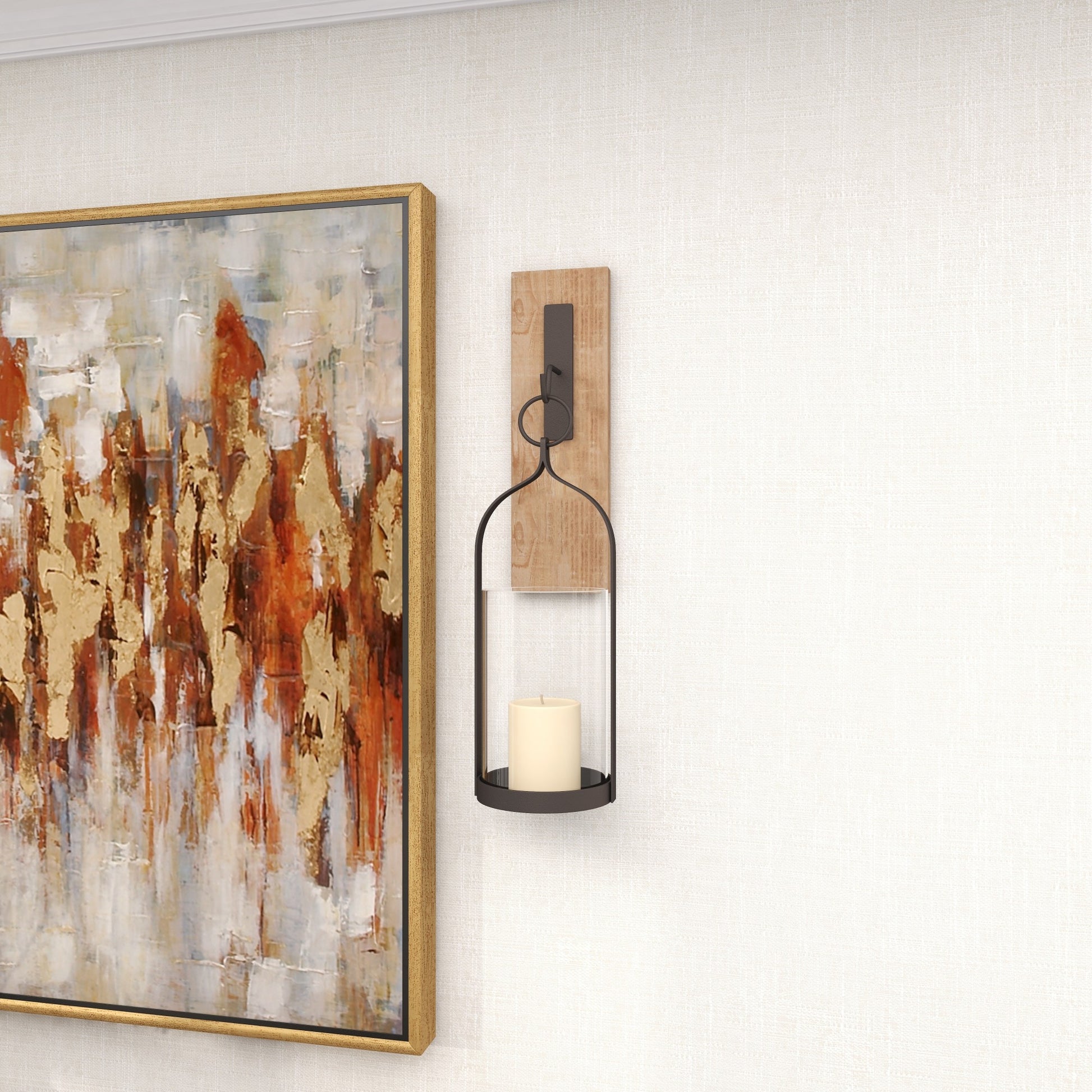 Abstract Brown Wood Indoor Outdoor Wall Sconce with Suspended Black Metal and Glass Holder