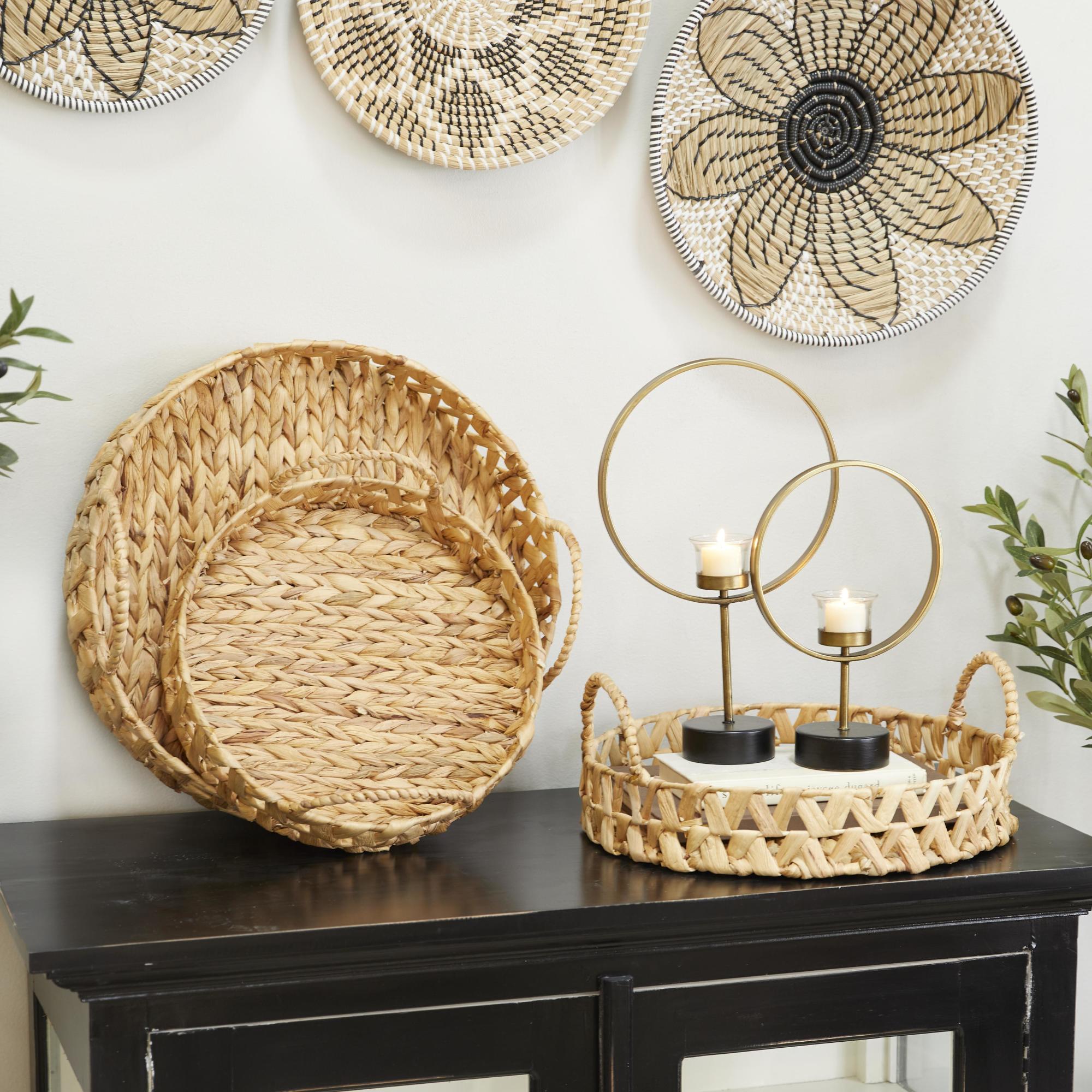 Set of 3 Brown Seagrass Handmade Woven Living Room Decor Tray with Handles