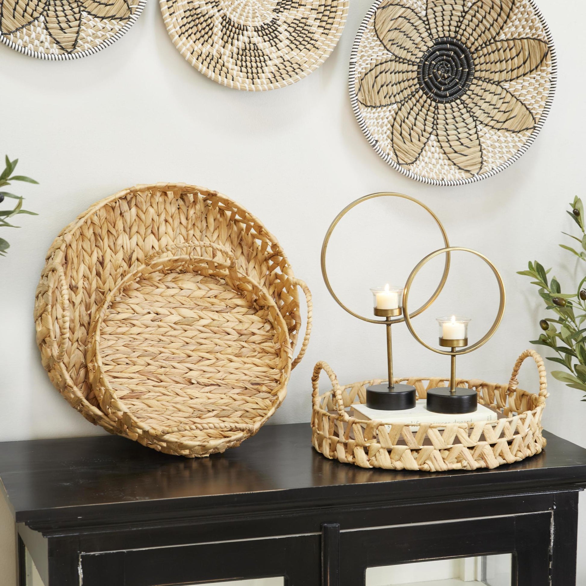 Set of 3 Brown Seagrass Handmade Woven Living Room Decor Tray with Handles