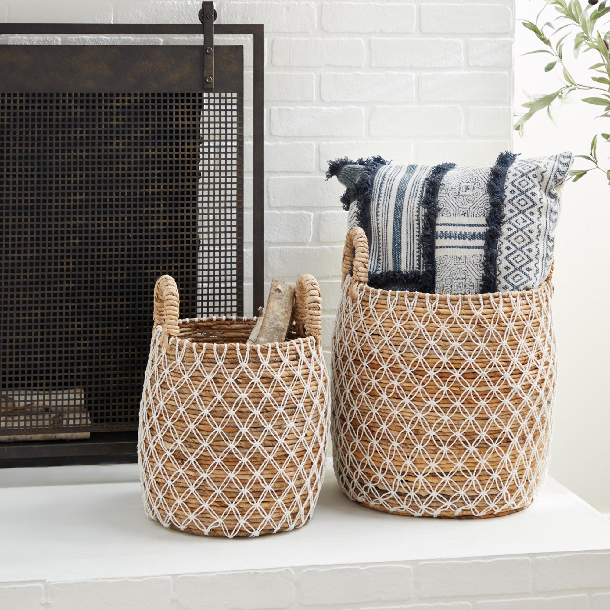 Set of 2 Brown Banana Leaf Handmade String Detail Decorative and Functional Storage Basket with Handles