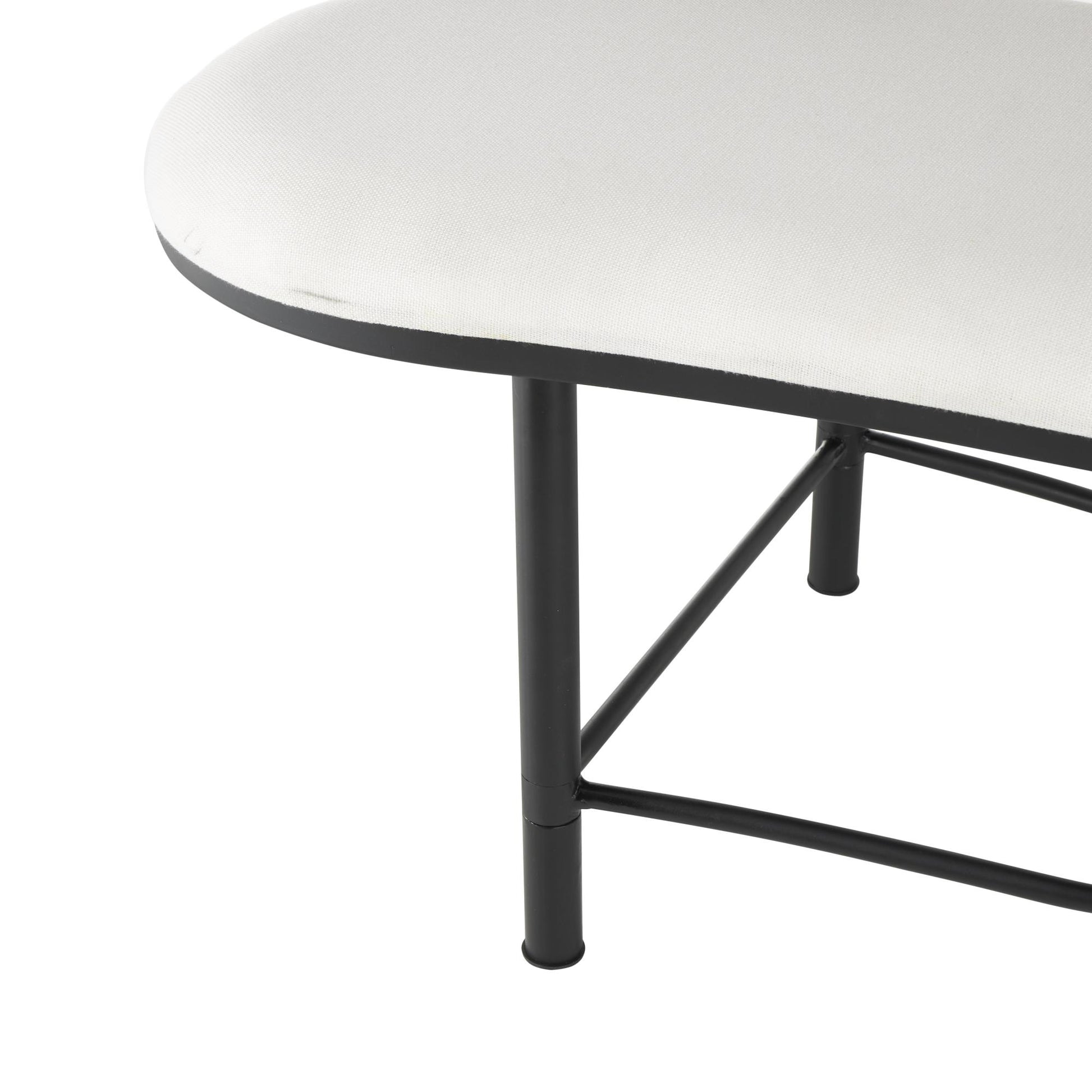 Abstract White Fabric Upholstered Oval Home Bench with Black Metal Frame and Rope Rod Backrest