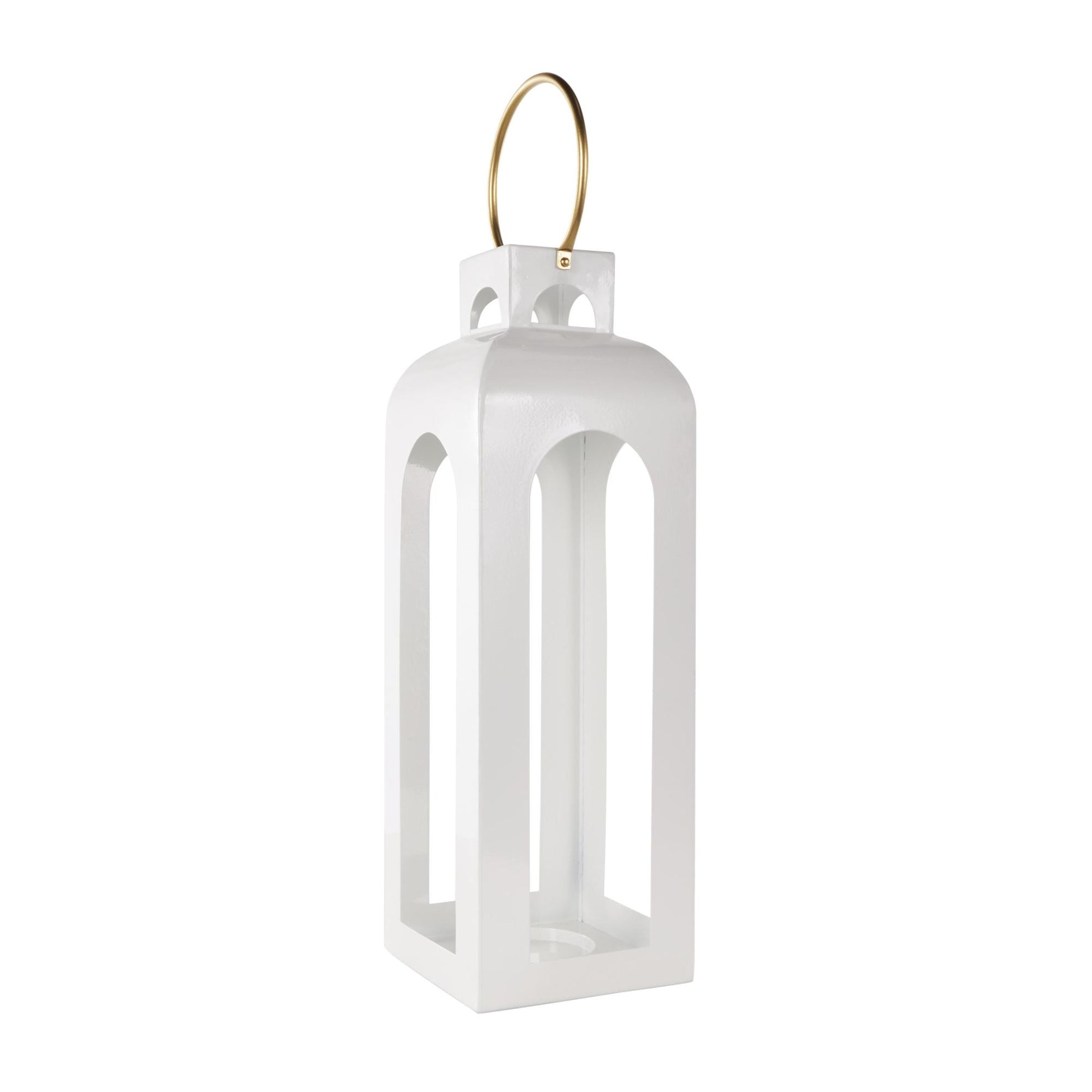 White Metal Tall Arched Cutout Indoor Outdoor Candle Lantern with Gold Handle