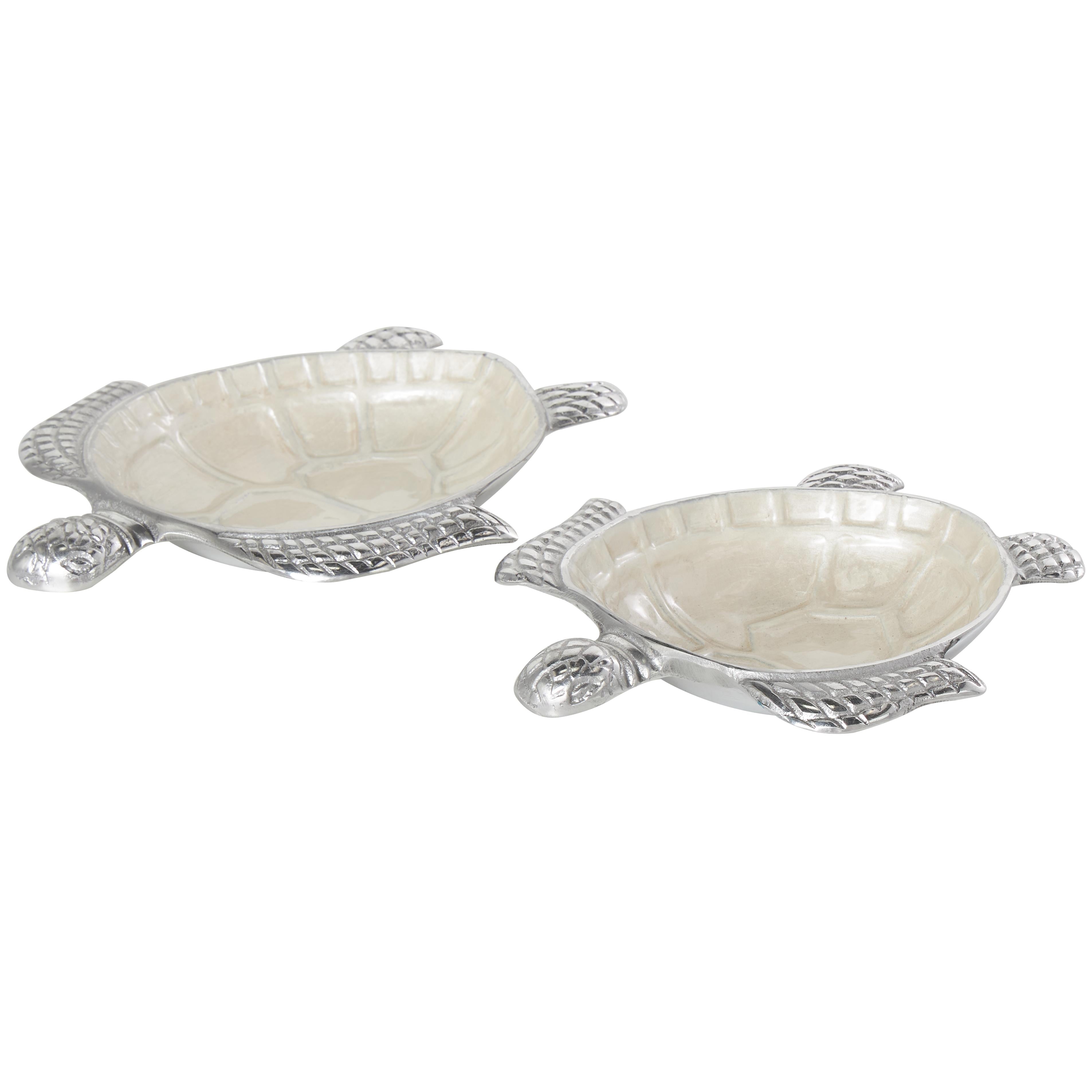 Set of 2 Turtle Aluminum Metal Handmade Enameled Large Decorative Bowl with Silver Metal Exterior