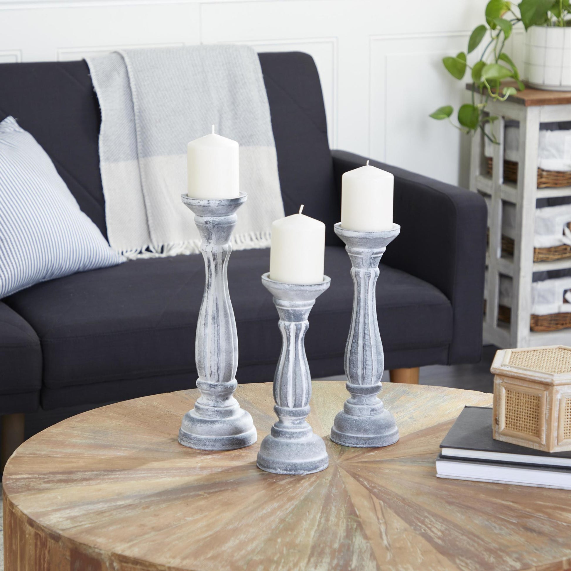 Set of 3 Wooden Distressed Turned Pillar Decorative Candle Holder