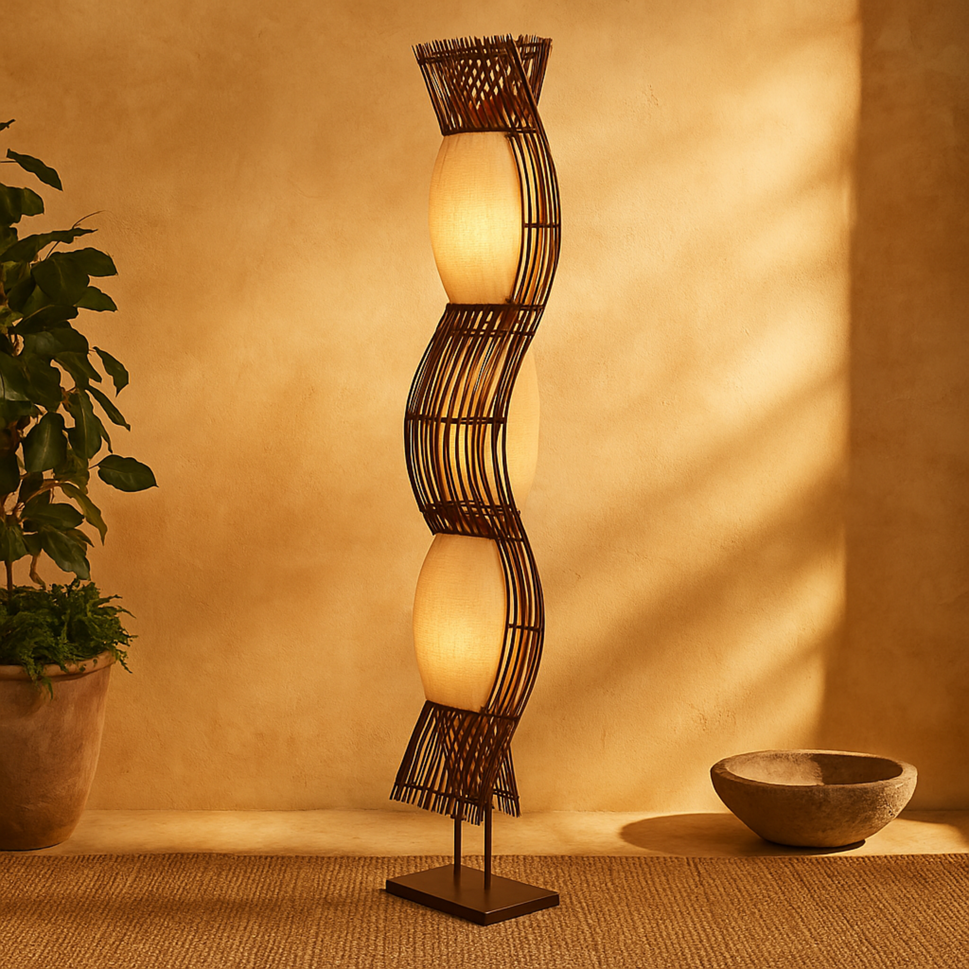 Tribal Brown Bamboo Wood Wavy Room Floor Lamp with Cream Lamp Shades