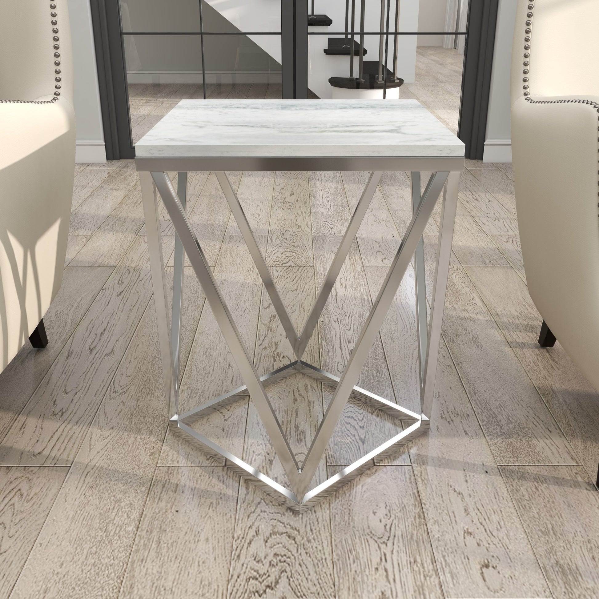 Geometric Silver Stainless Steel Metal Side End Accent Table with Marble Top
