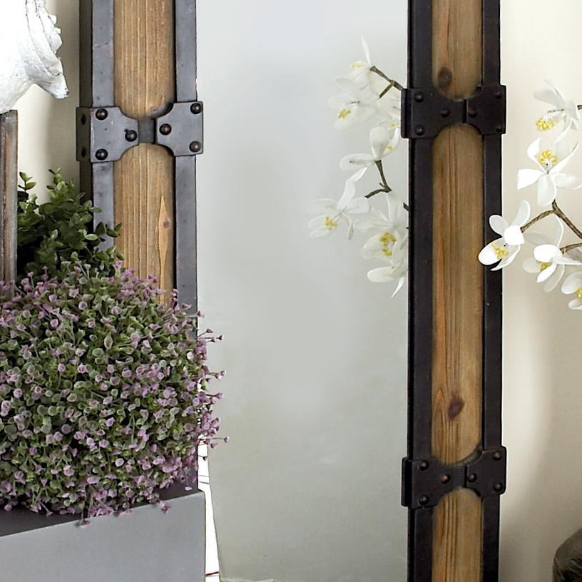 Brown Wood Room Floor Mirror with Black Studded Frame and Foldable Stand