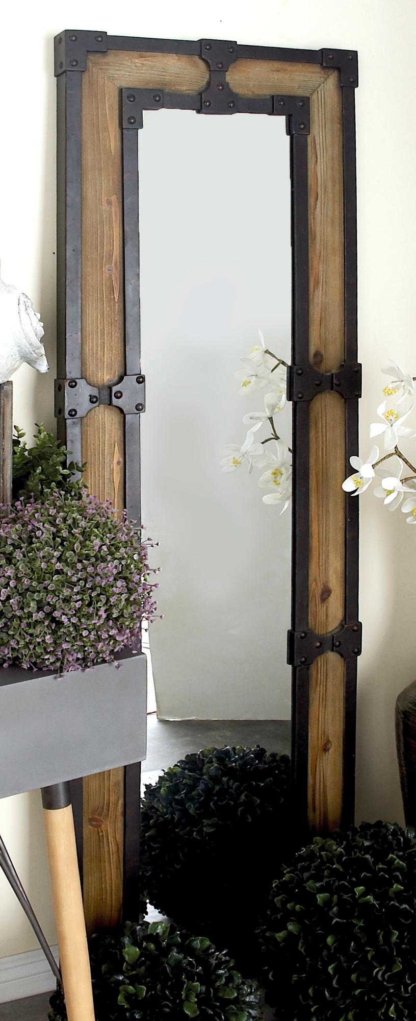 Brown Wood Room Floor Mirror with Black Studded Frame and Foldable Stand