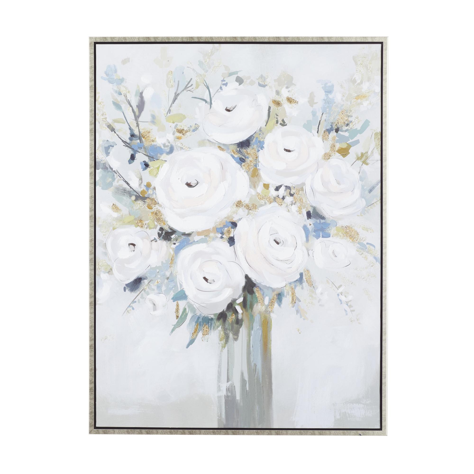 Floral White Canvas Bouquet Living Room Framed Wall Art with Silver Frame