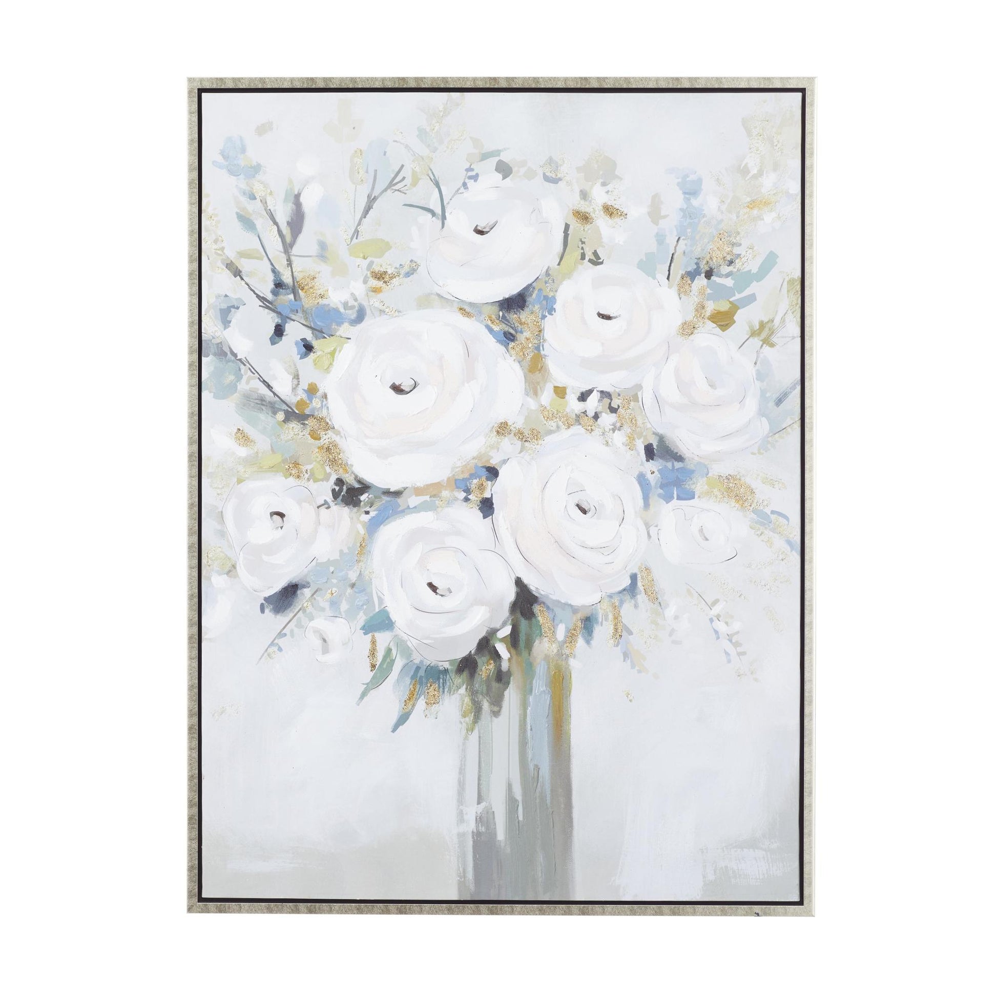 Floral White Canvas Bouquet Living Room Framed Wall Art with Silver Frame