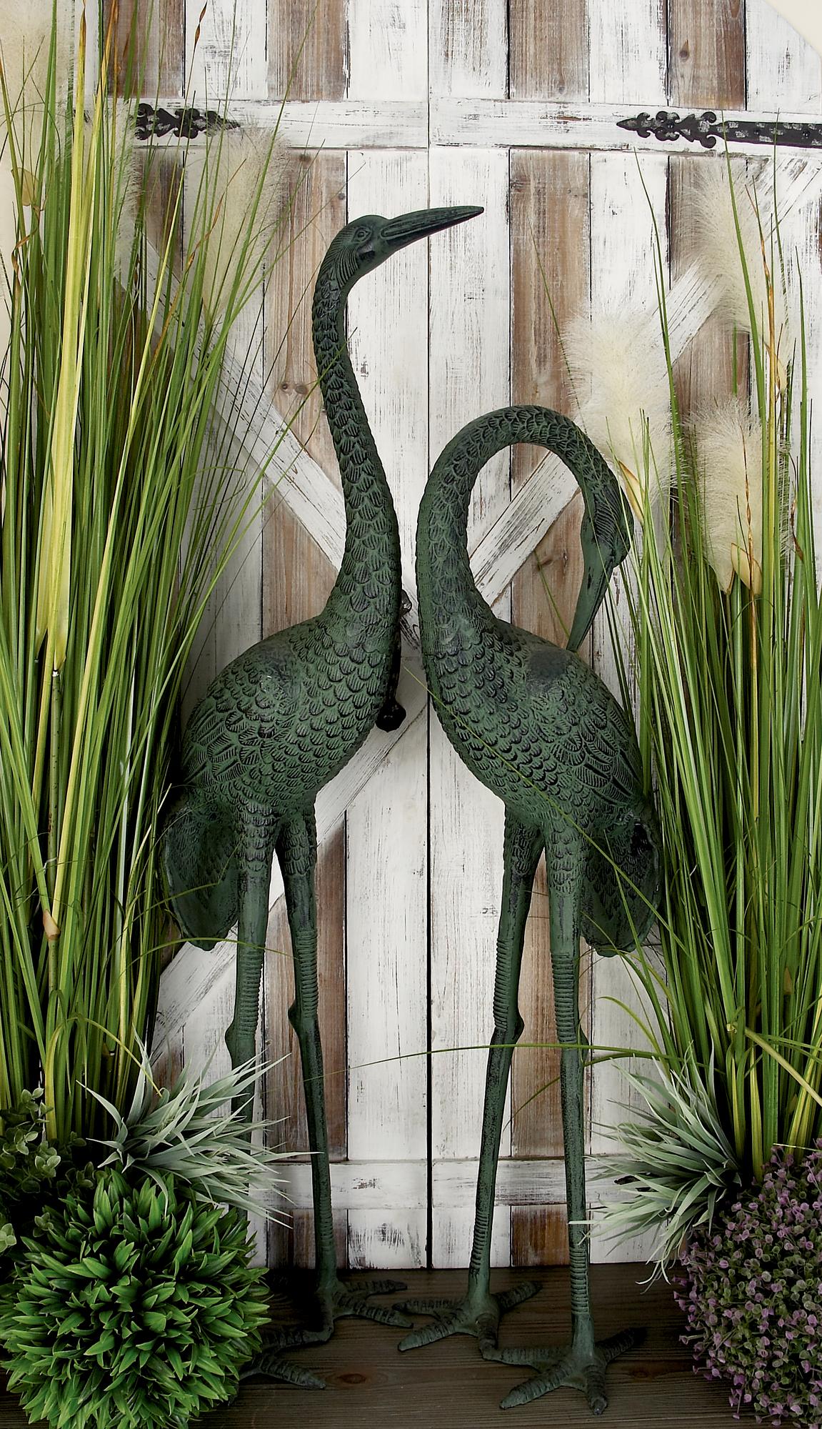 Set of 2 Crane Green Aluminum Metal Tall Indoor Outdoor Decorative Garden Sculpture