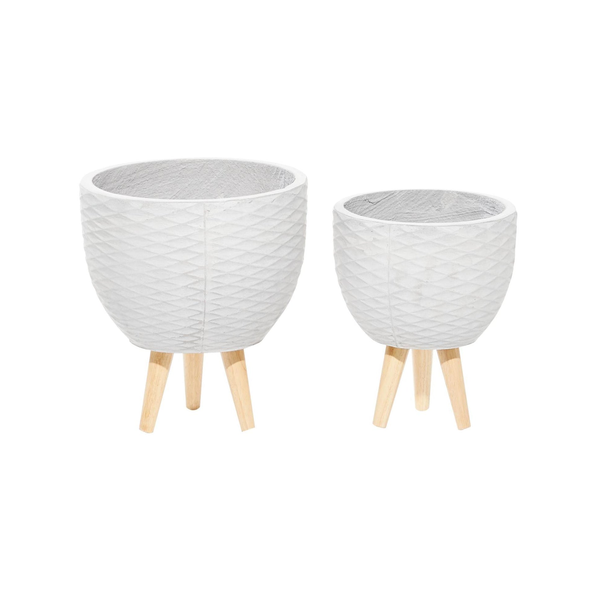 Set of 2 Geometric Ceramic Diamond Patterned Indoor Outdoor Planter with Wood Tripod Legs