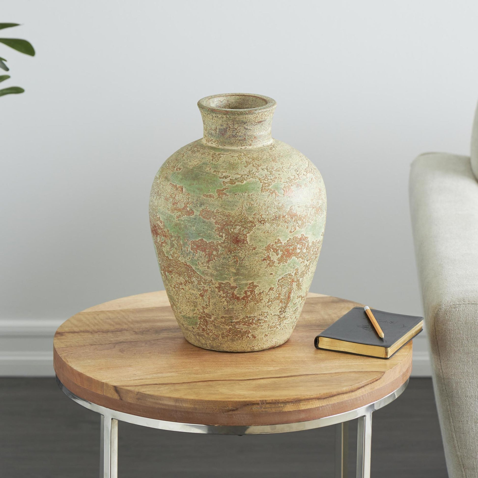 Brown Ceramic Antique Style Textured Decorative Vase with Green and Copper Accents