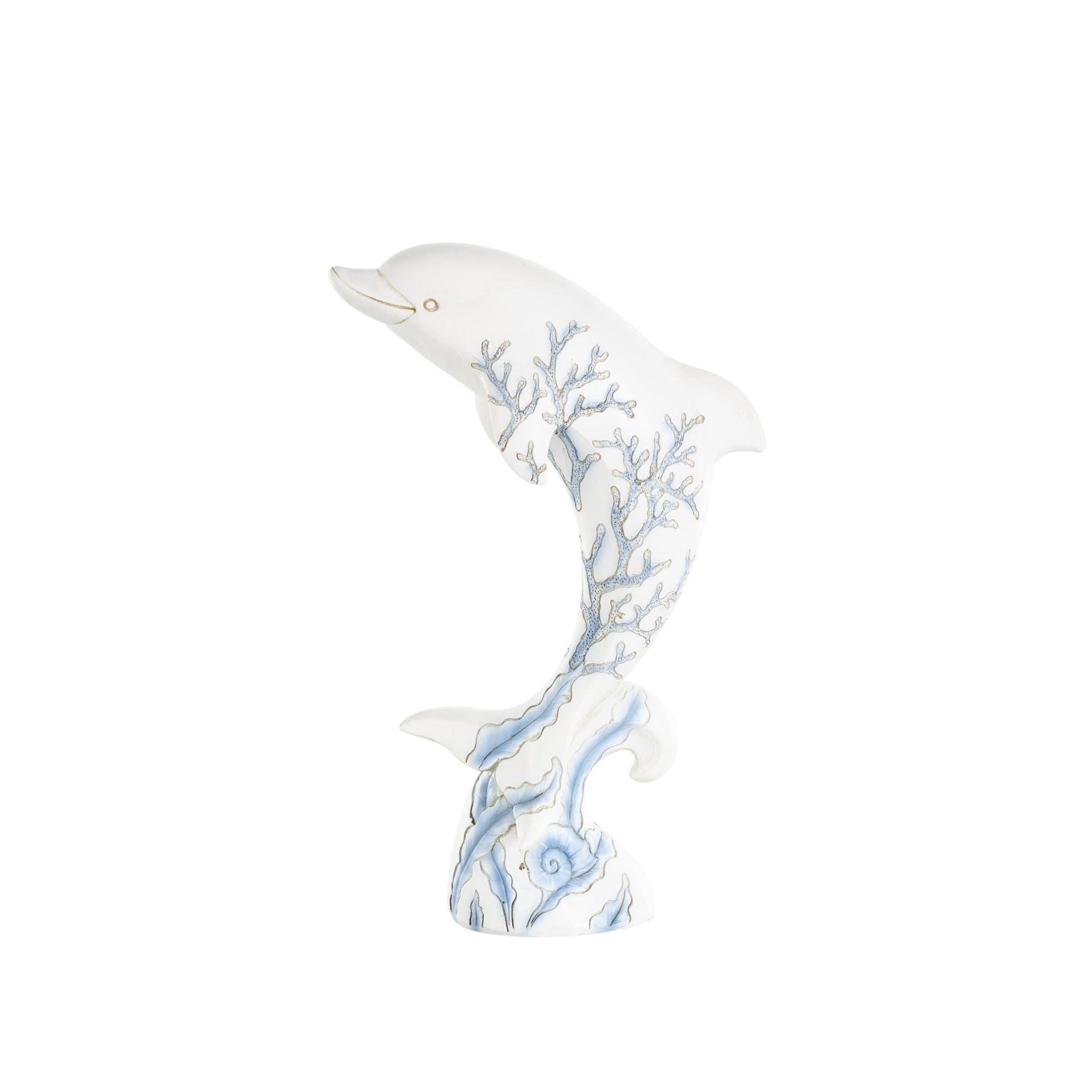 Dolphin White Polystone Curved Decorative Sculpture with Blue Coral Patterns